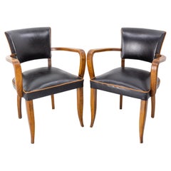 Pair of Bridge Chairs Black Leather French Art Deco, circa 1930