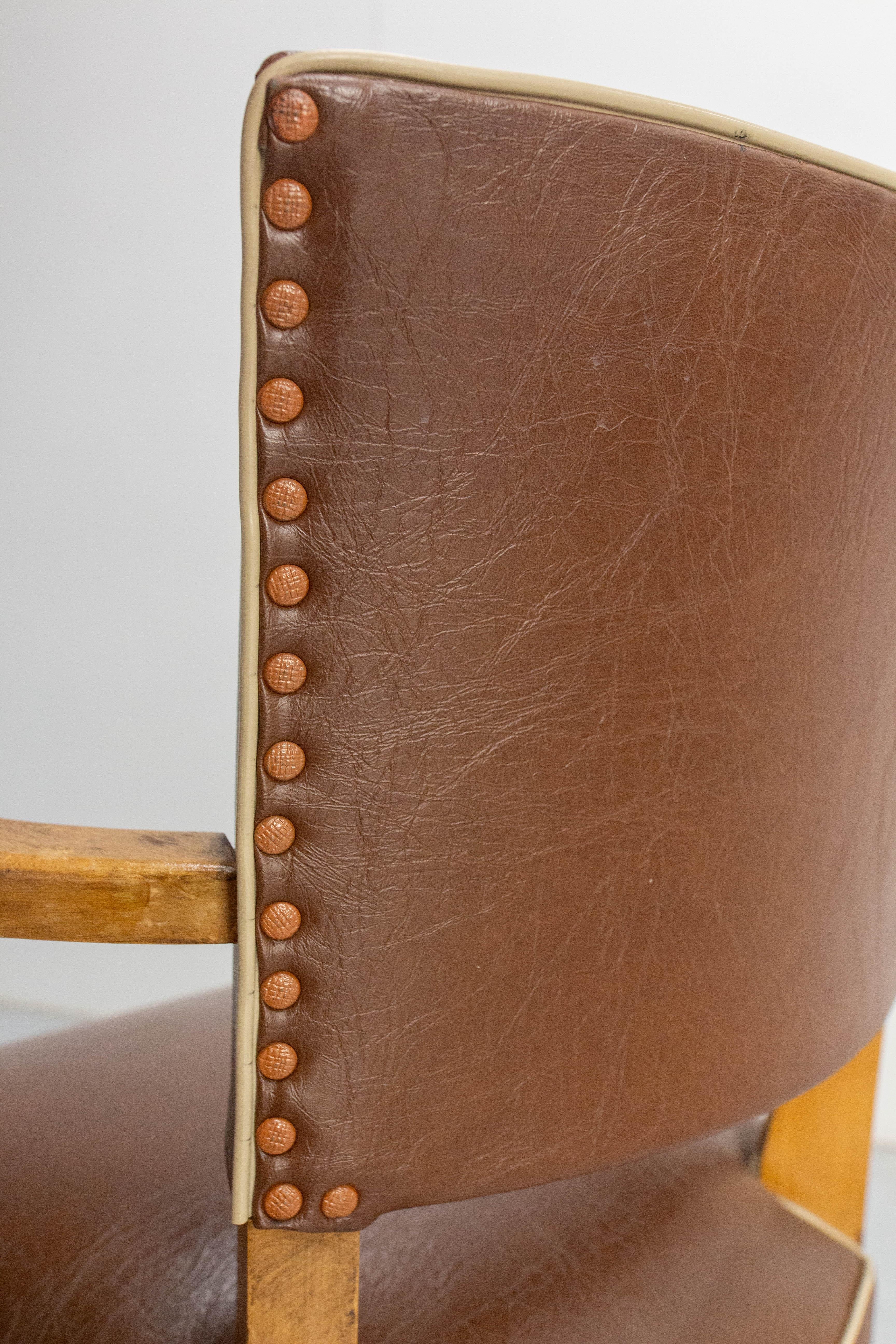 Pair of Bridge Chairs Brown Faux-Leather French Art Deco, circa 1930 For Sale 7