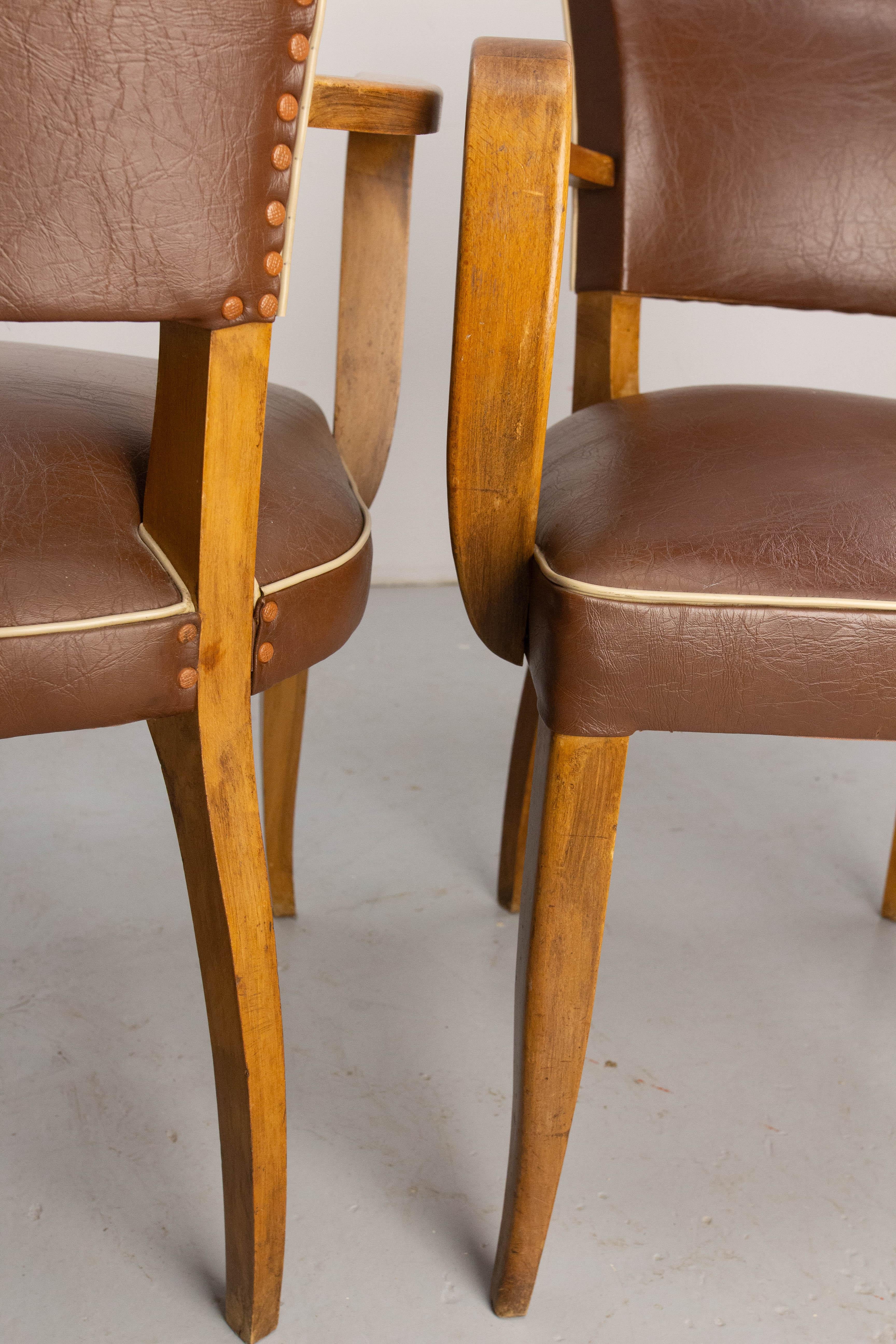 Pair of Bridge Chairs Brown Faux-Leather French Art Deco, circa 1930 For Sale 9