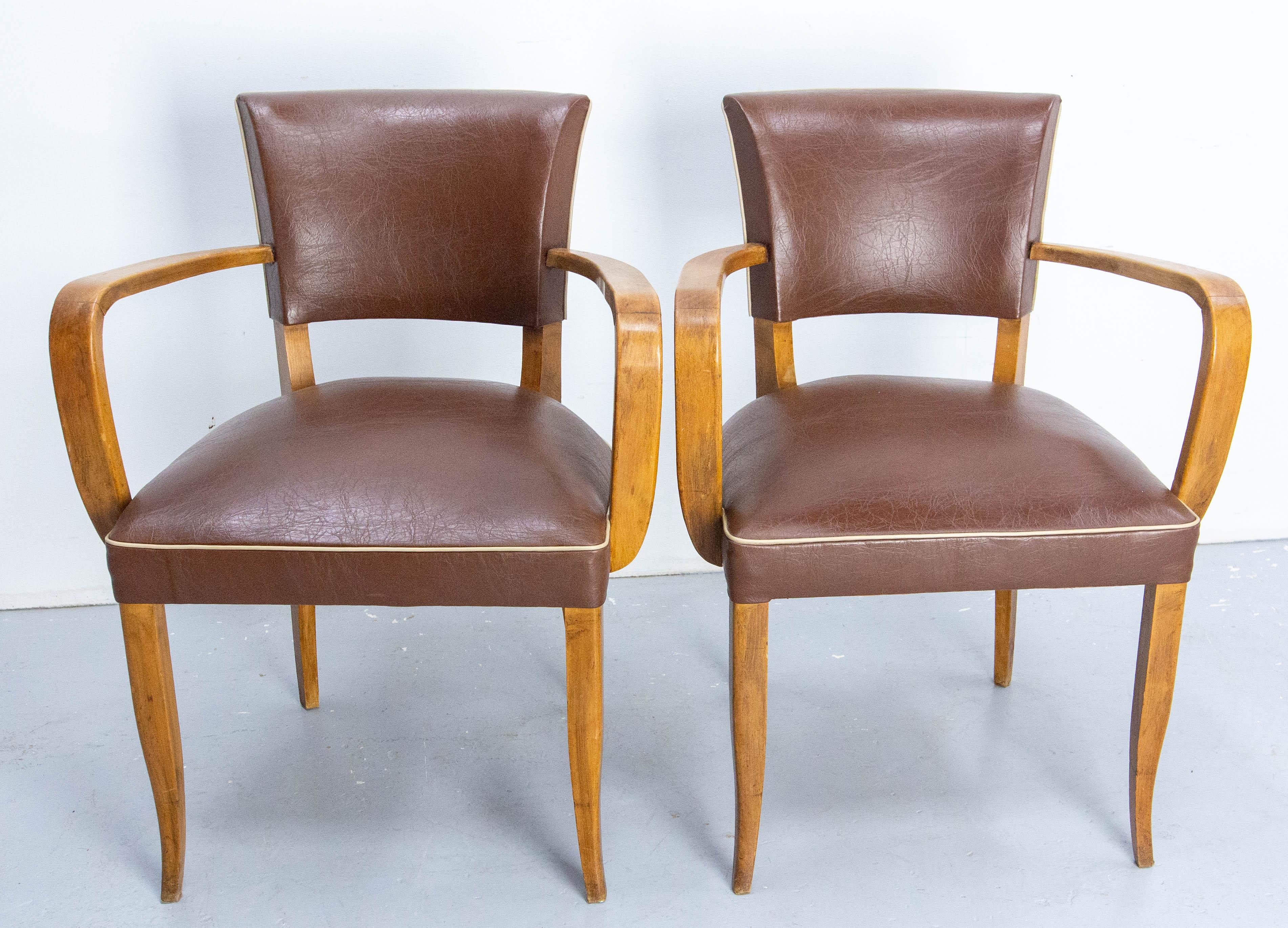 Pair of Bridge Chairs Brown Faux-Leather French Art Deco, circa 1930 In Good Condition For Sale In Labrit, Landes