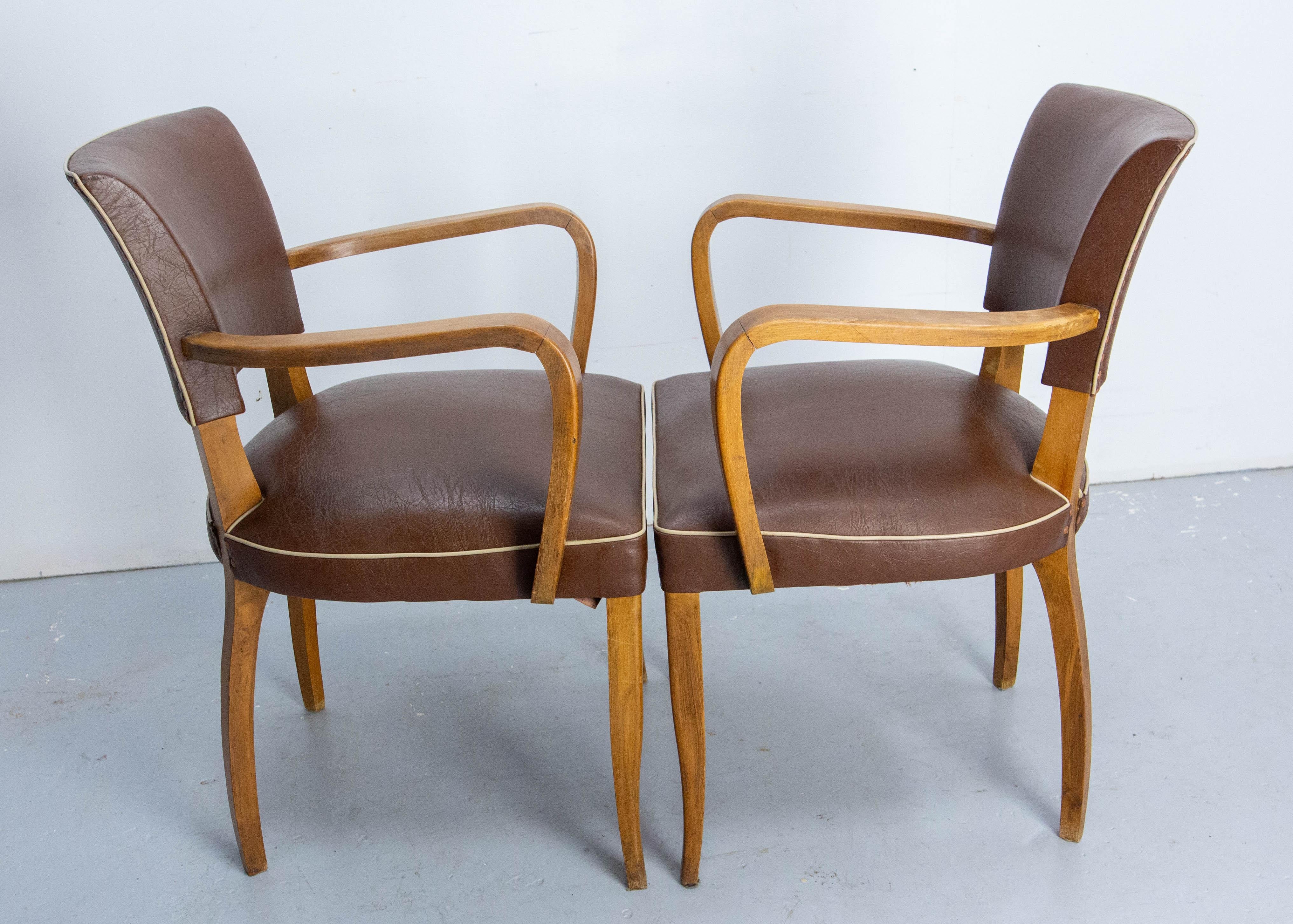 20th Century Pair of Bridge Chairs Brown Faux-Leather French Art Deco, circa 1930 For Sale