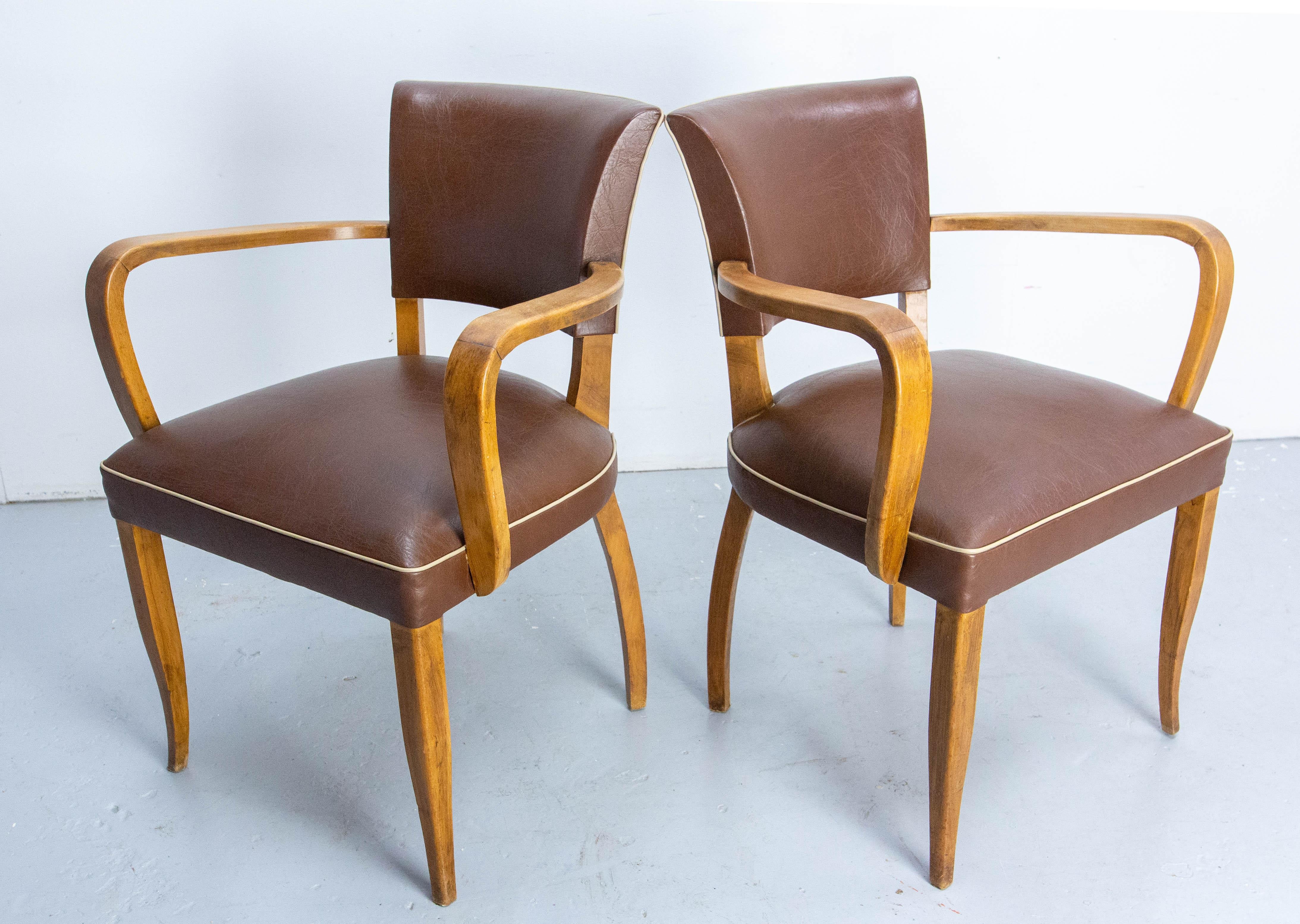 Upholstery Pair of Bridge Chairs Brown Faux-Leather French Art Deco, circa 1930 For Sale