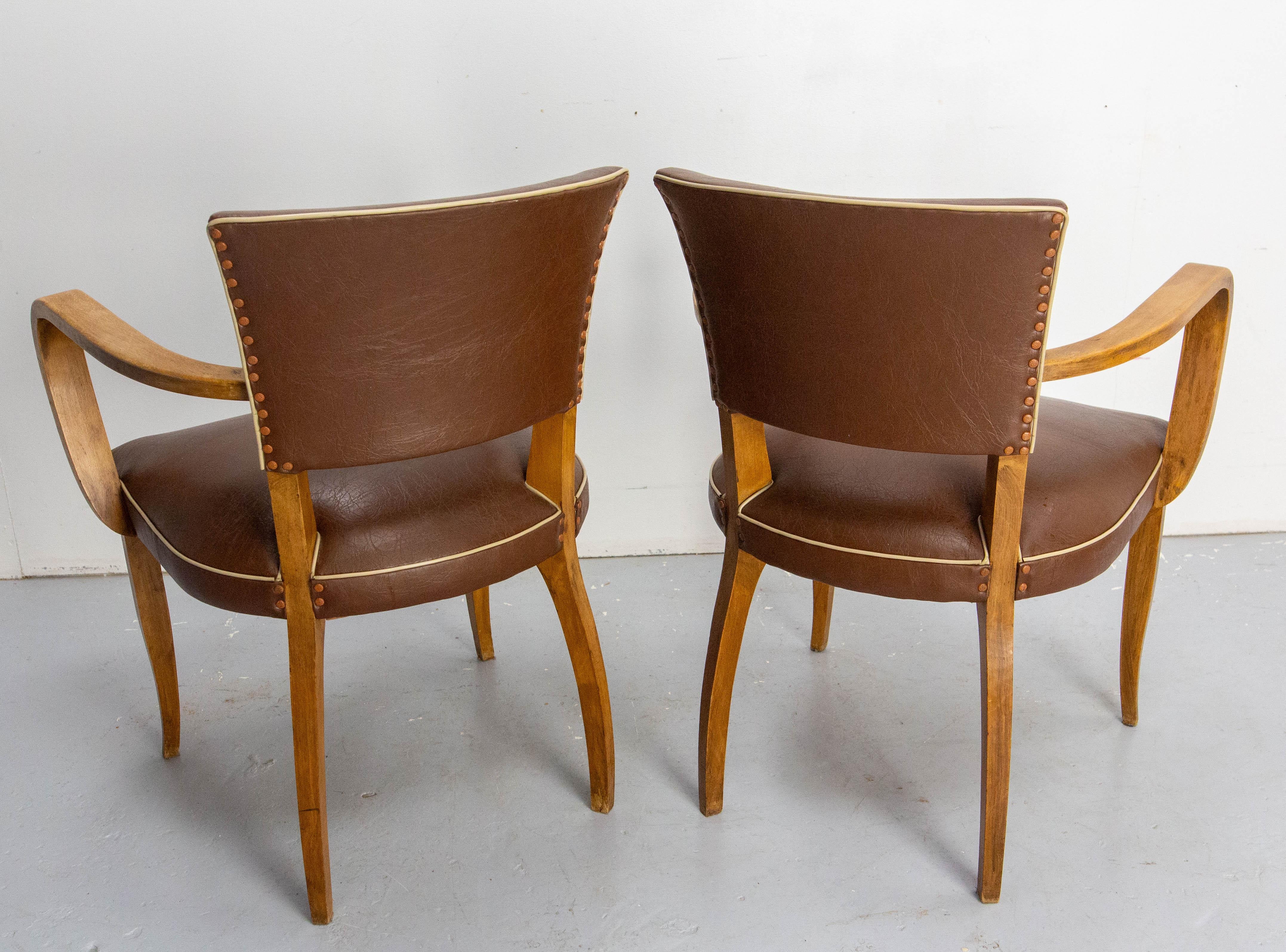 Pair of Bridge Chairs Brown Faux-Leather French Art Deco, circa 1930 For Sale 2