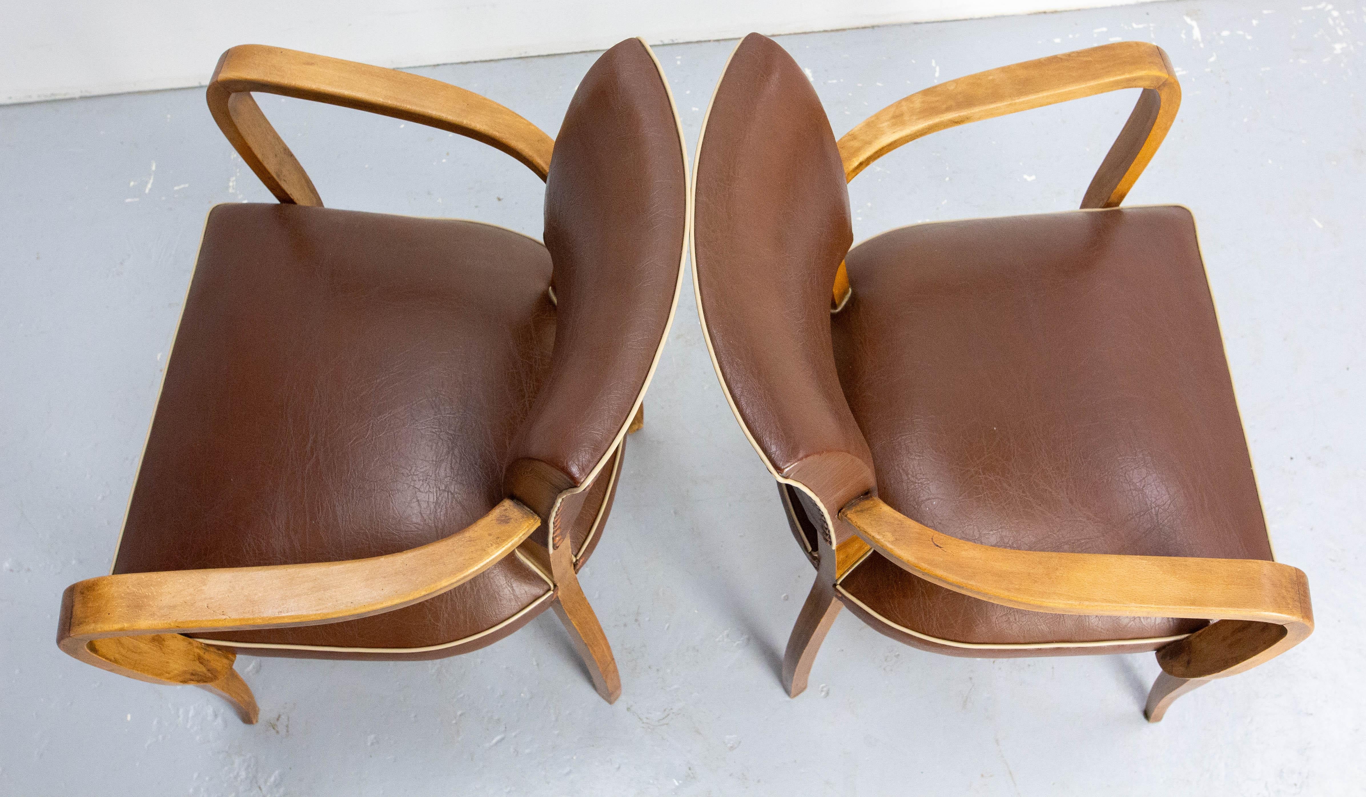 Pair of Bridge Chairs Brown Faux-Leather French Art Deco, circa 1930 For Sale 3