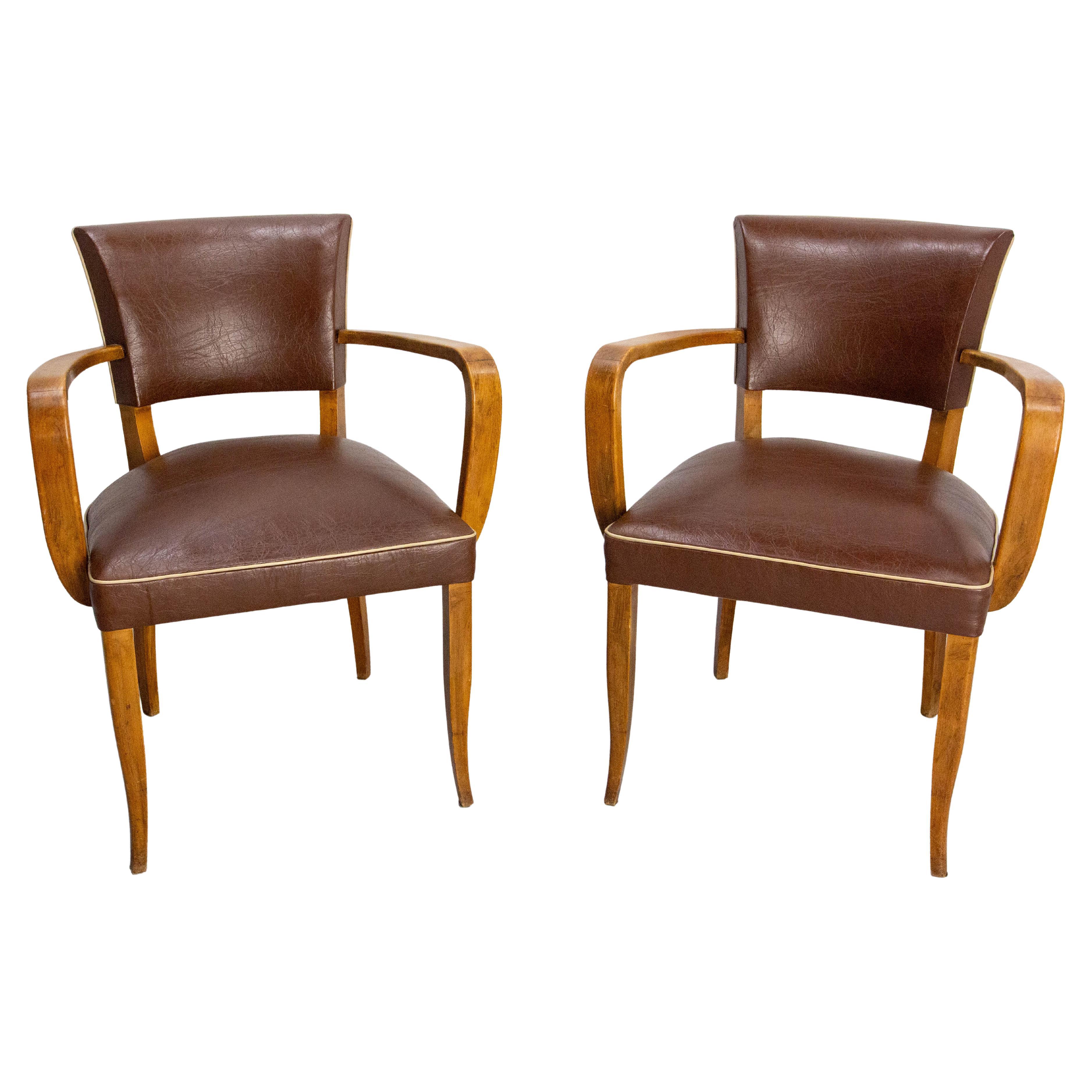 Pair of Bridge Chairs Brown Faux-Leather French Art Deco, circa 1930