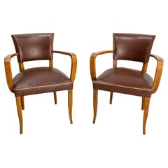 Pareja de Sillones Puente Faux-Piel Marrón Art Decó Francés, circa 1930