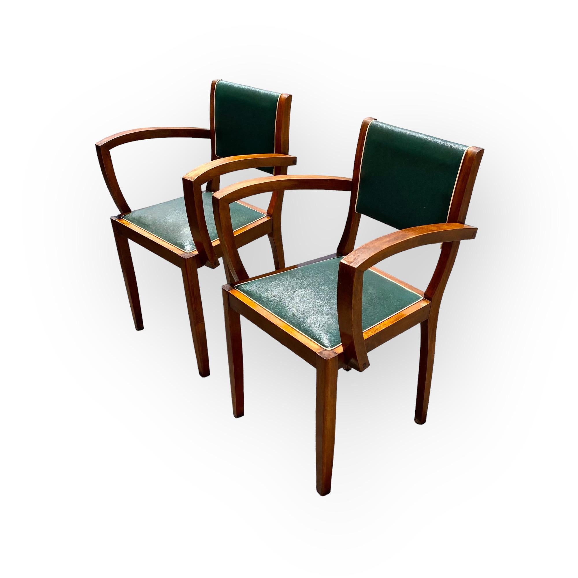 Embossed Pair of Bridge Chairs Green Faux Leather French Art Deco, circa 1930