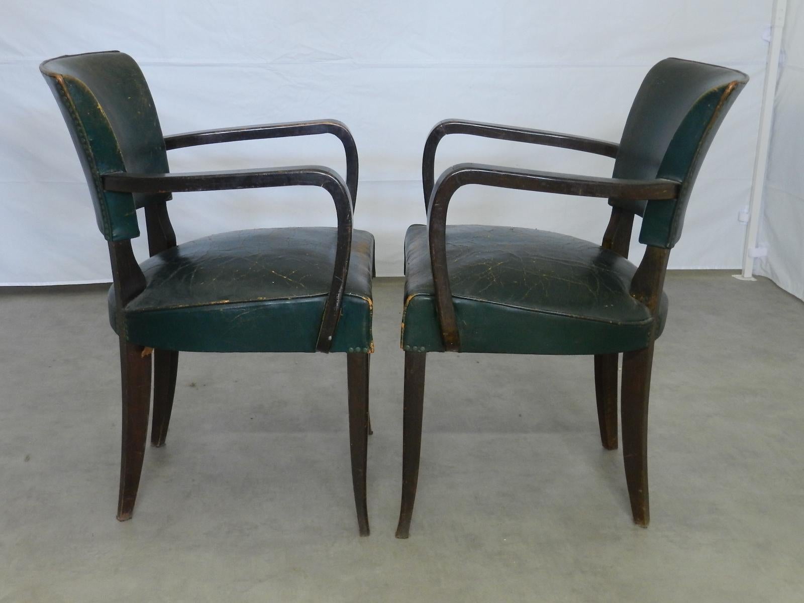 Pair of French Art Deco bridge chairs, circa 1930
Two open armchairs
Use or recover
Original vintage condition the Leather is worn, no holes and will be treated and waxed before shipping
Frames are sound and solid
Alternatively the leather is easily