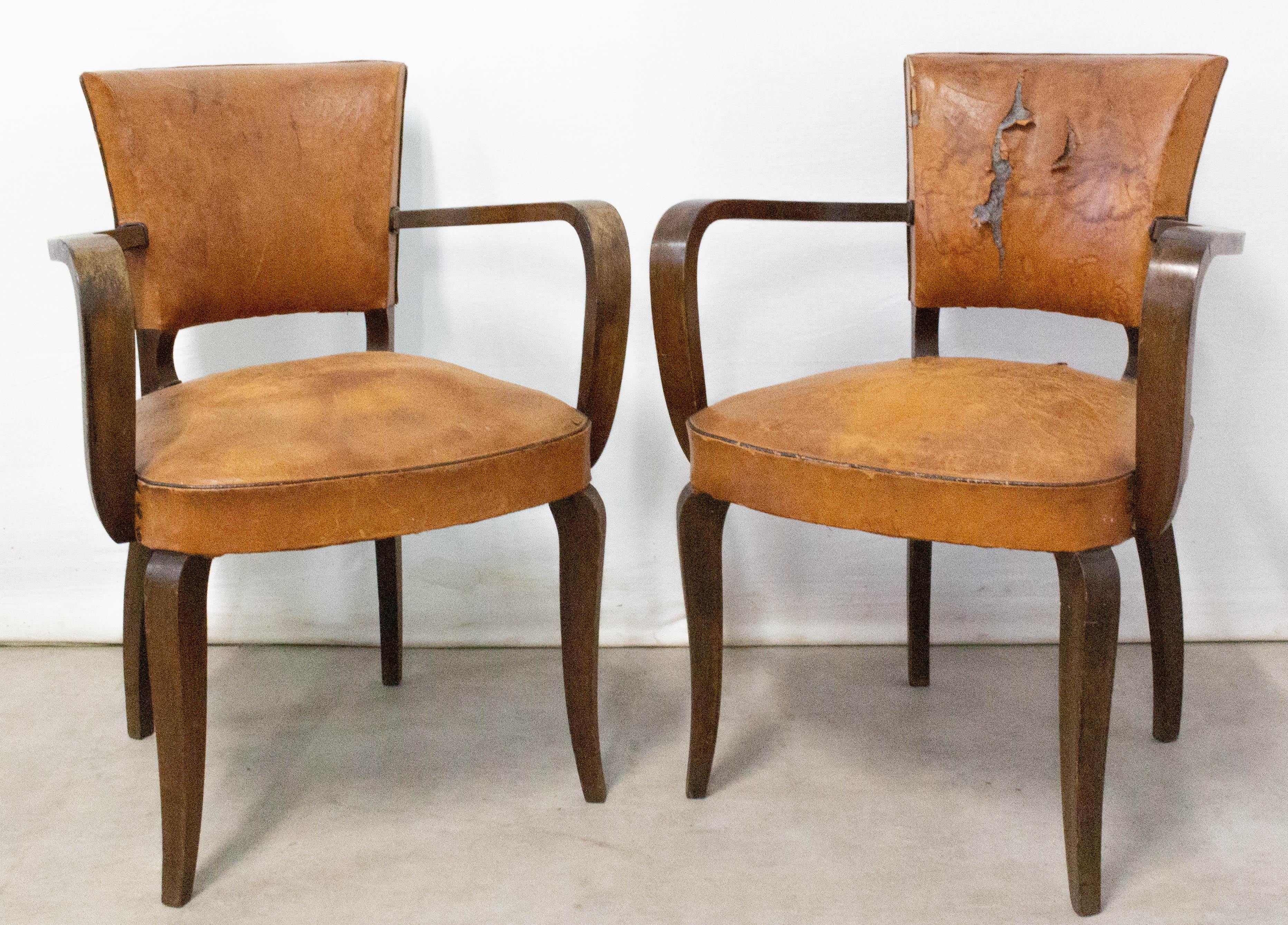 Pair of French Art Deco bridge chairs, circa 1930
Two open armchairs to be re-upholstered
Original vintage condition 
Frames are sound and solid
Alternatively the leather is easily changed to suit your interior please ask if you would like a
