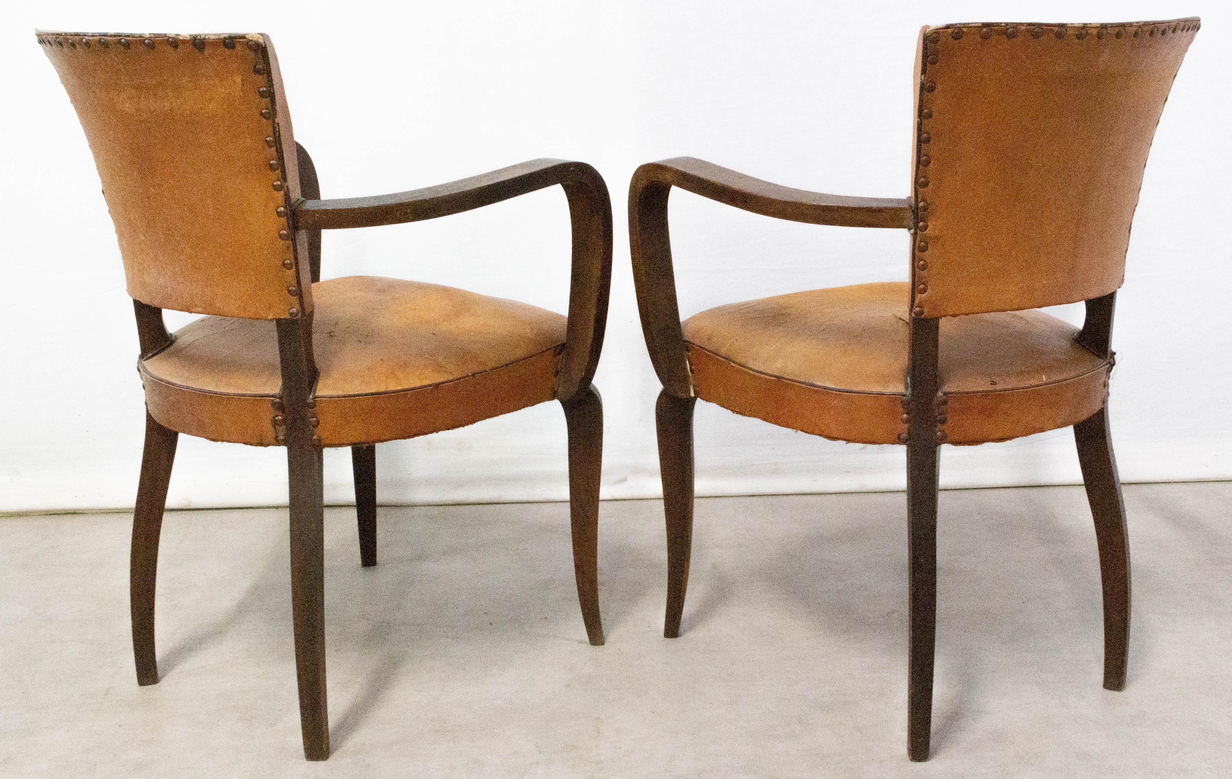 20th Century Pair of Bridge Chairs Leather French Art Deco circa 1930, to be Re-Upholstered