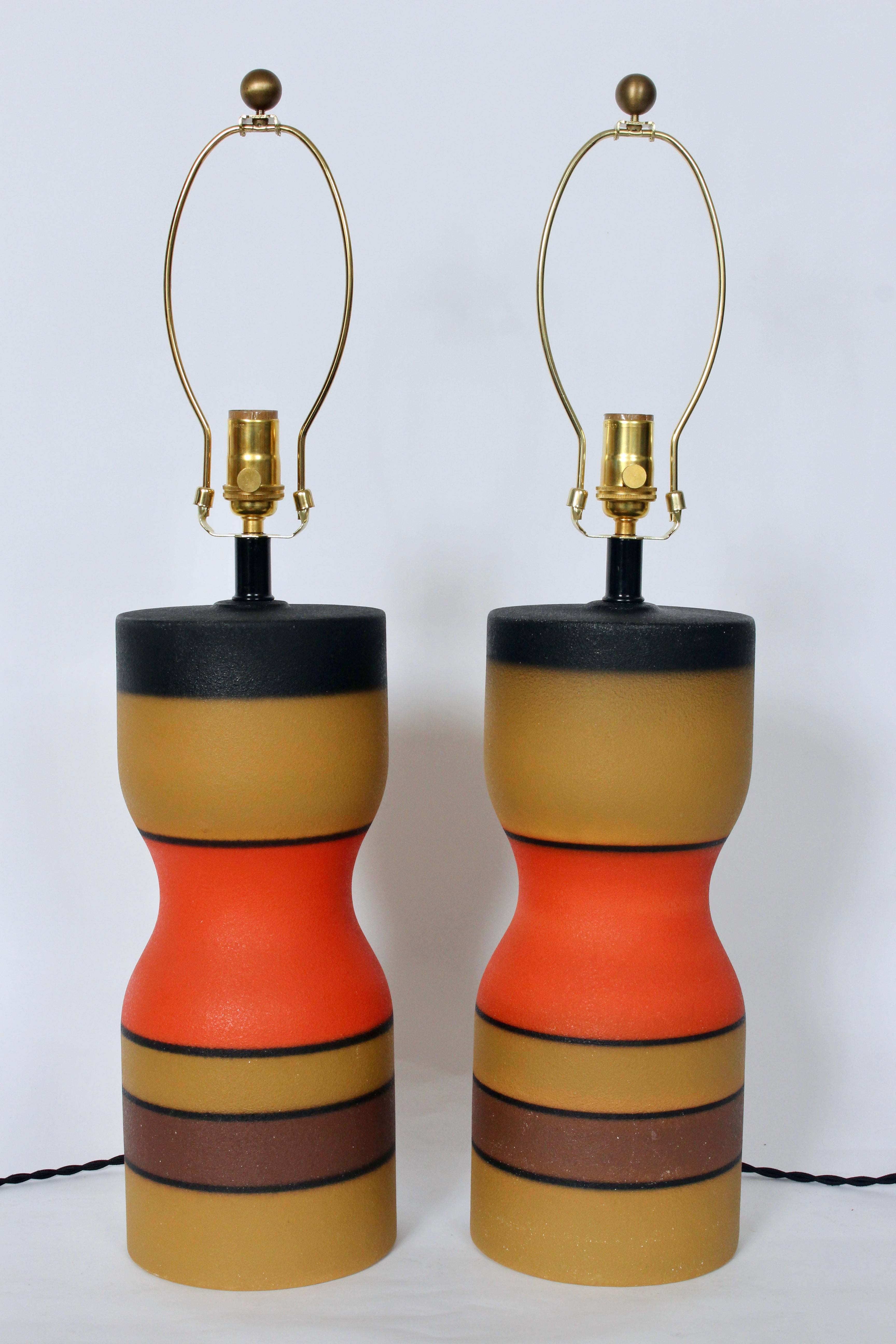 Pair of Bruno Gambone style Bright Banded Modern Hourglass Pottery Table Lamps For Sale 14