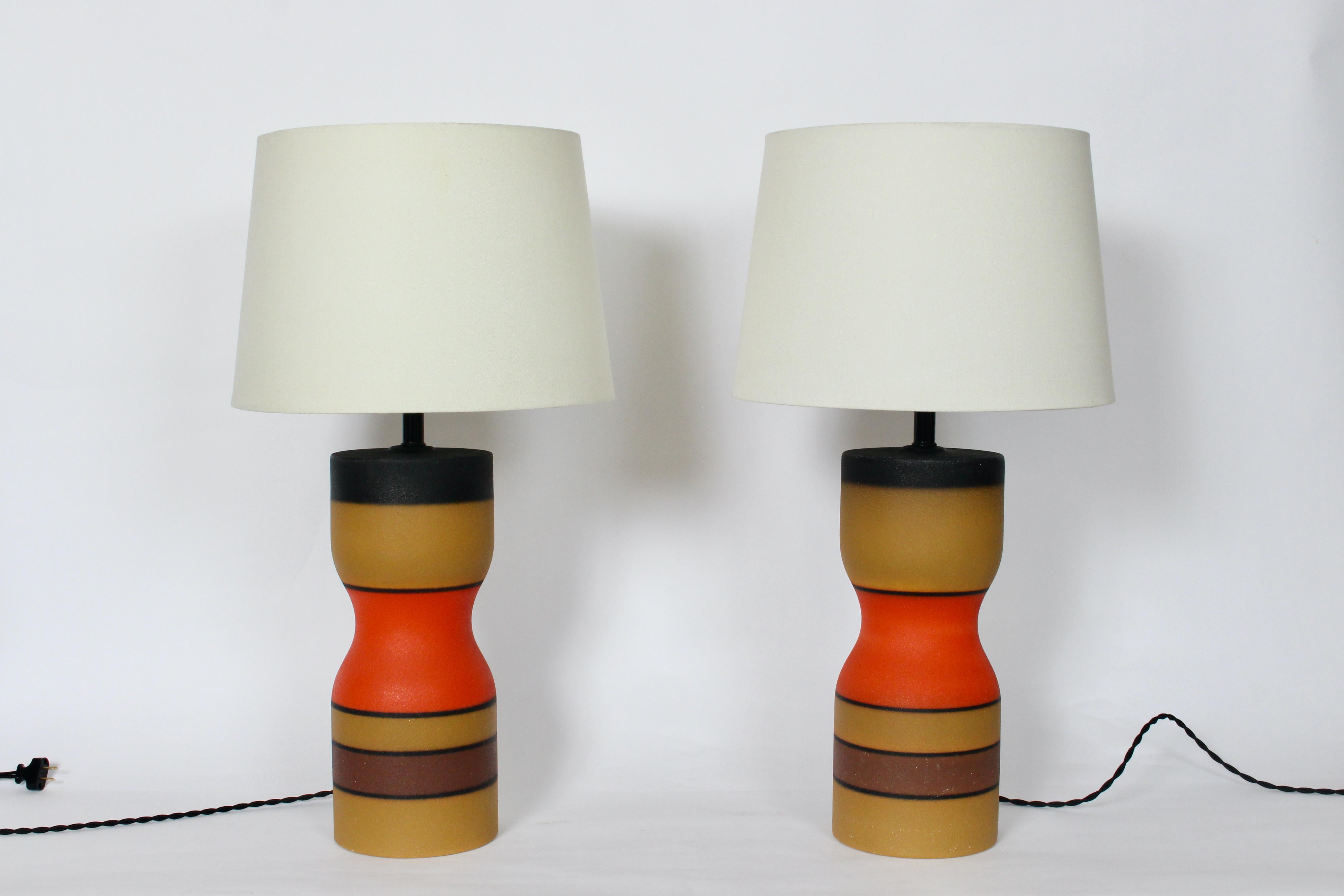 Pair of Bruno Gambone style Bright Banded Modern Hourglass Pottery Table Lamps For Sale 15