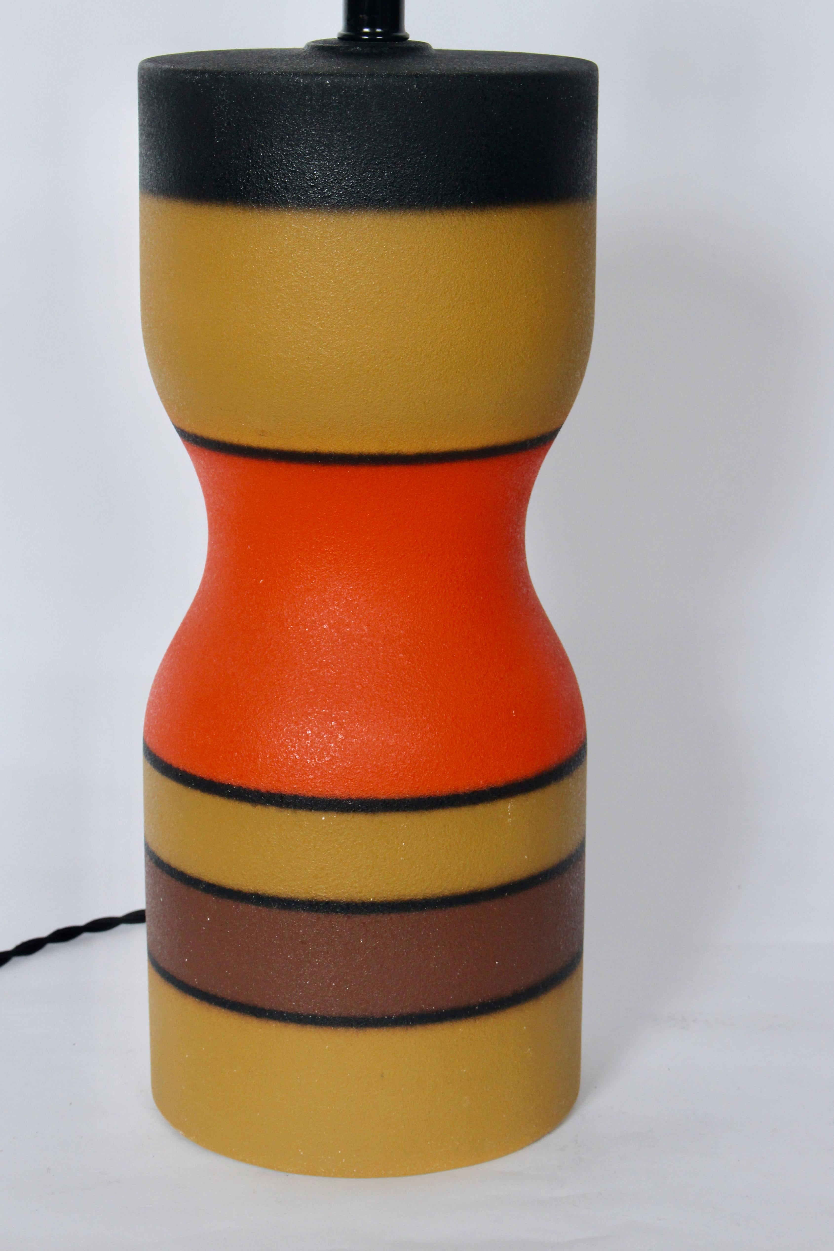 Mid-20th Century Pair of Bruno Gambone style Bright Banded Modern Hourglass Pottery Table Lamps For Sale