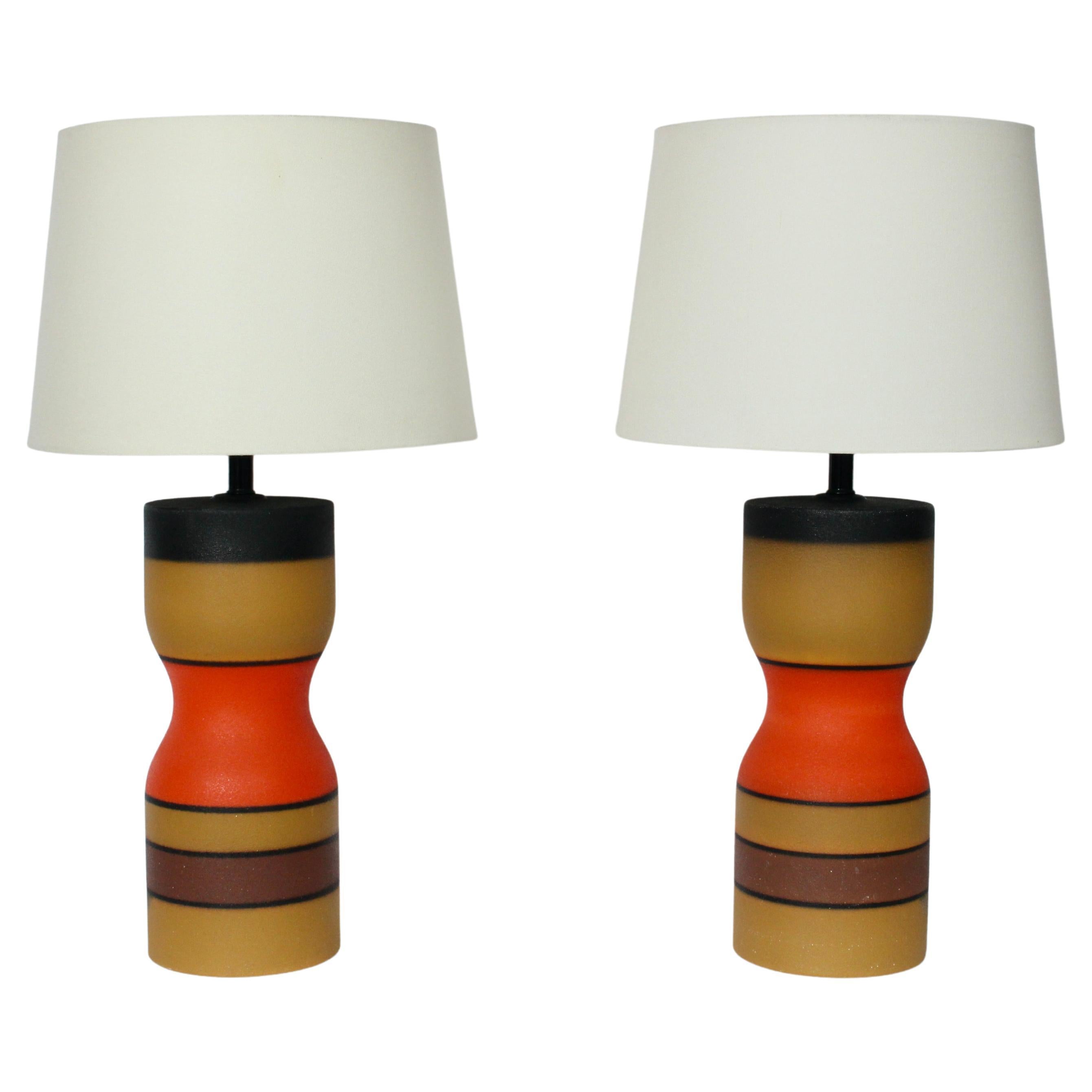 Pair of Bruno Gambone style Bright Banded Modern Hourglass Pottery Table Lamps For Sale