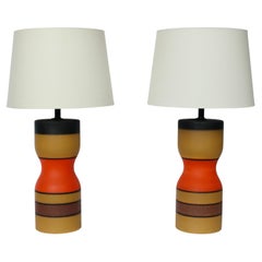 Vintage Pair of Bruno Gambone style Bright Banded Modern Hourglass Pottery Table Lamps