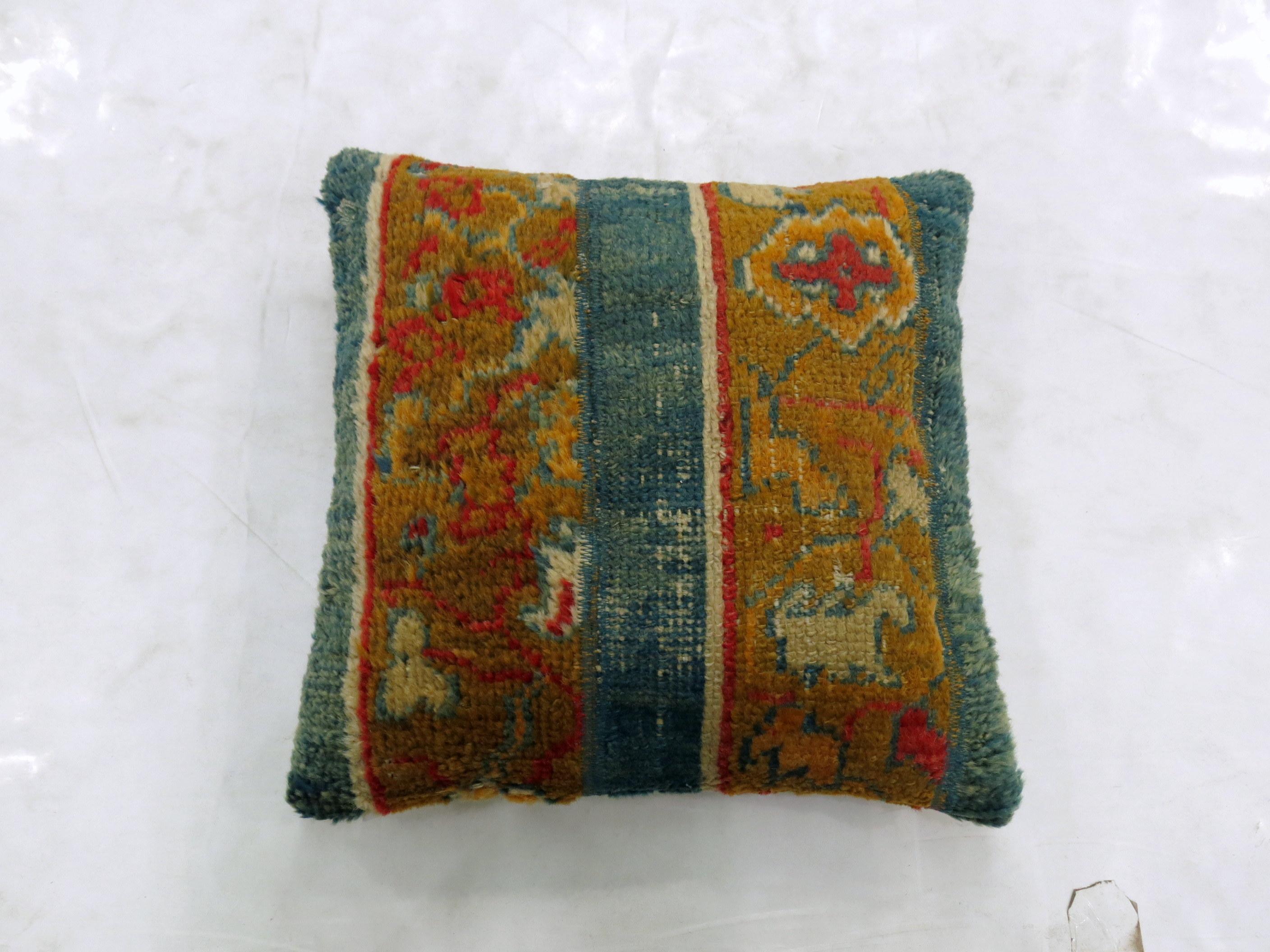 Pair of Bright Blue Gold Antique Angora Wool Oushak Rug Pillows In Good Condition In New York, NY