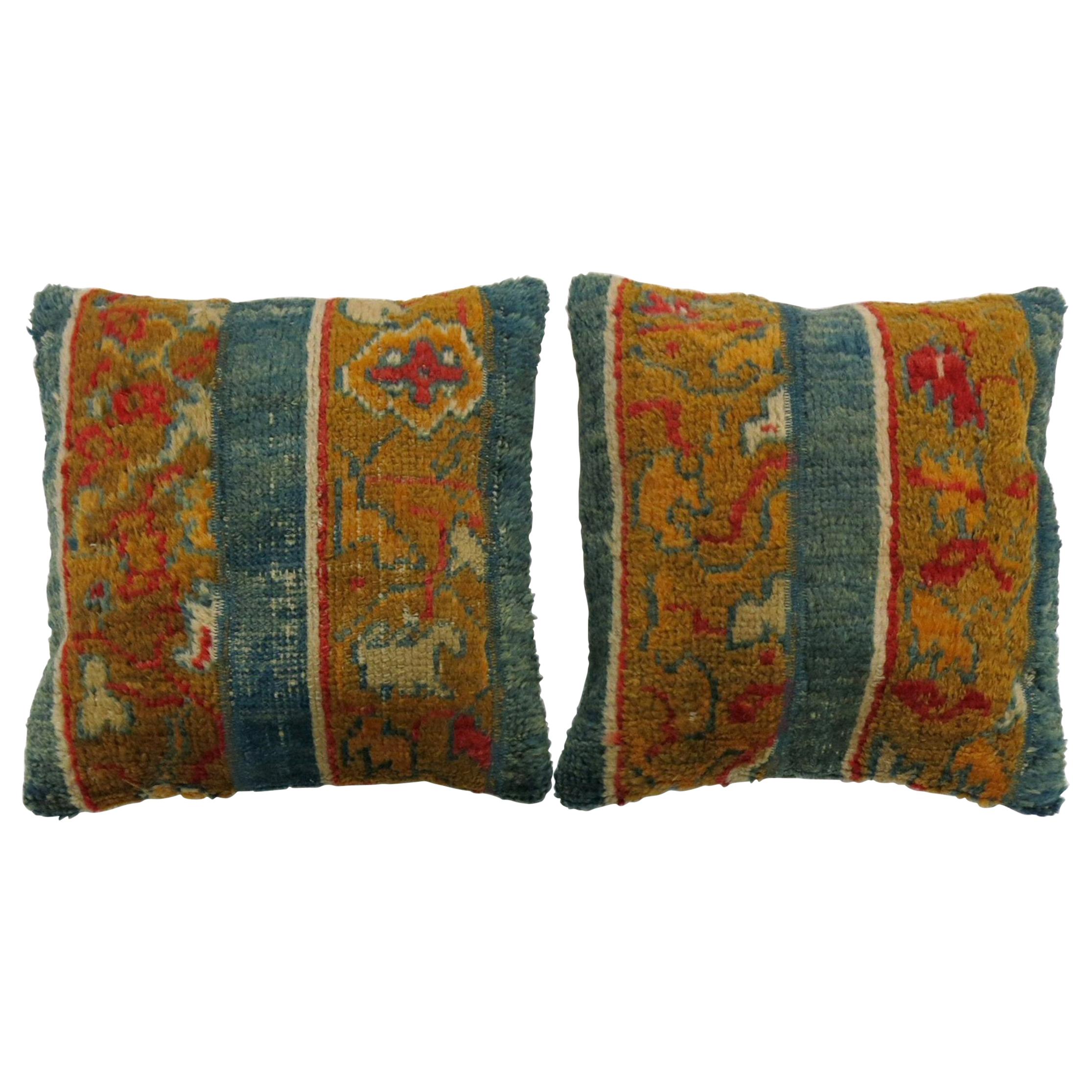 Pair of Bright Blue Gold Antique Angora Wool Oushak Rug Pillows