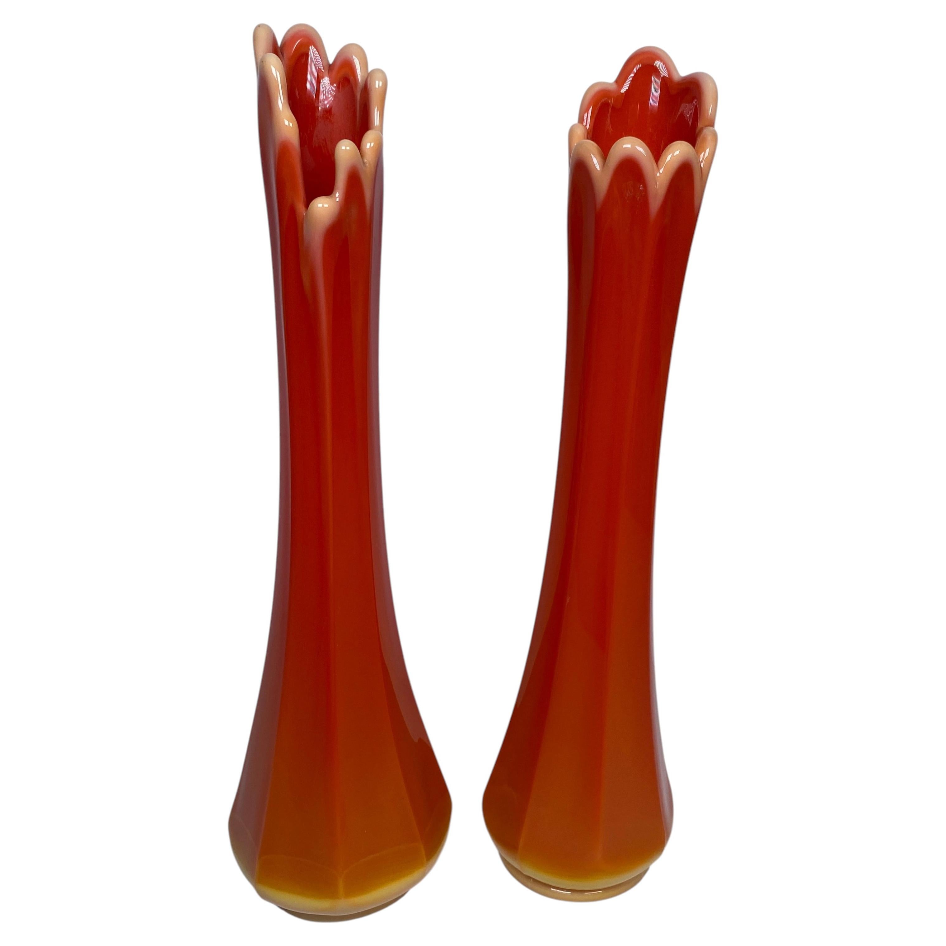 Pair of Bright Orange L.E. Smith Bittersweet Vases For Sale