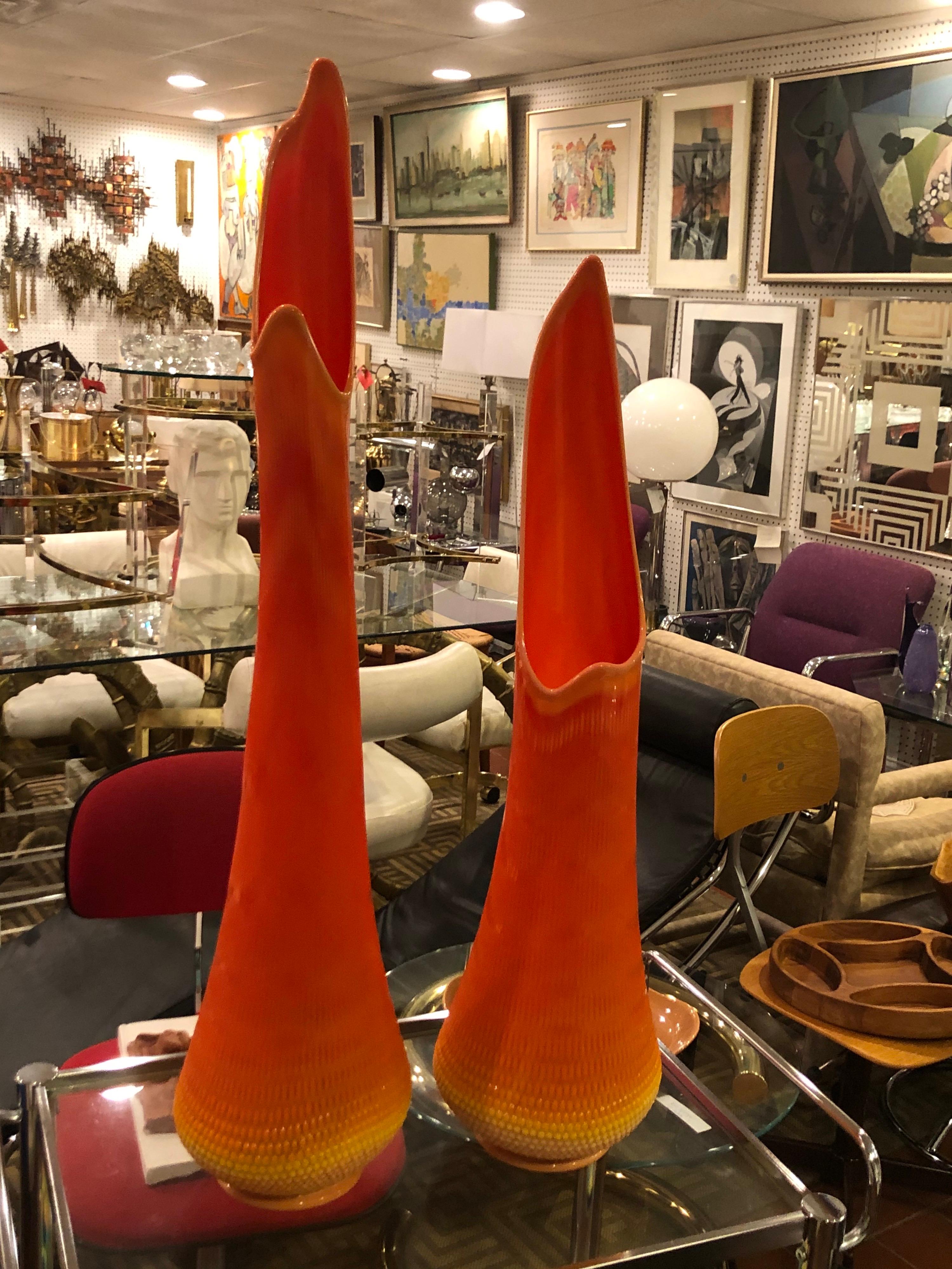Mid-20th Century Pair of Bright Orange L.E.Smith Bittersweet Vases