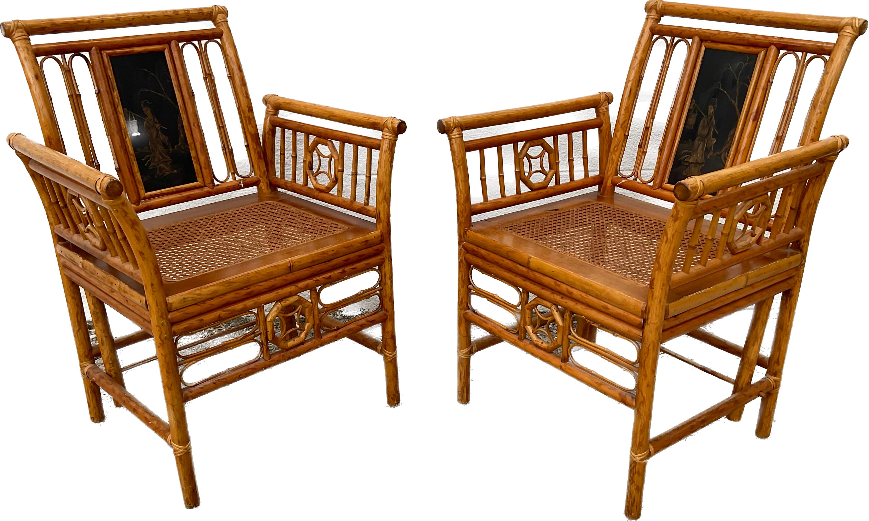 Unique pair of Chinese Chippendale bamboo chairs with an inset on inside back panel of each chair. Inset features a beautiful ebony Chinese Coromandel panel.