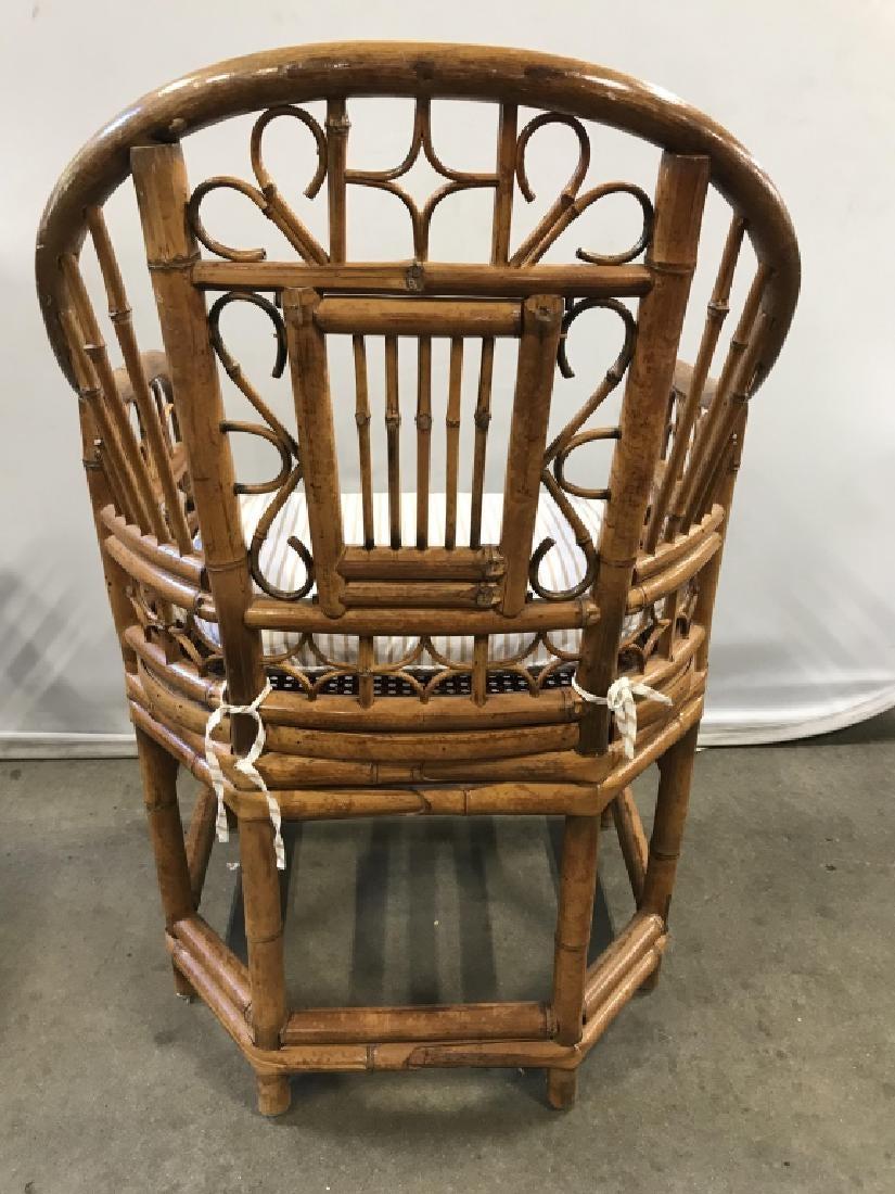 Pair of stylish bamboo and rattan armchairs with caned seats in the Brighton Pavilion Chinoiserie Style. Chairs comes with removable cushions. These chairs will add style to either indoor or outdoor setting.
Outdoor furniture, garden patio