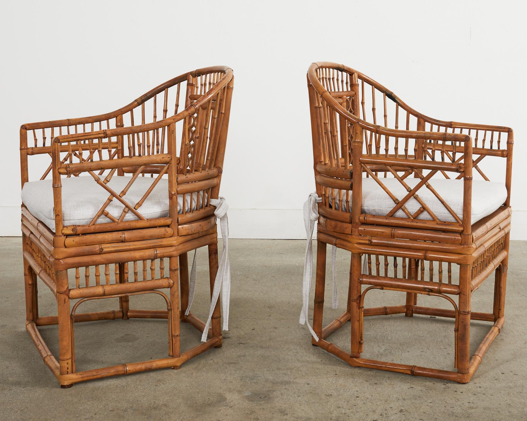 Asian Pair of Brighton Pavilion Style Bamboo Cane Dining Armchairs For Sale