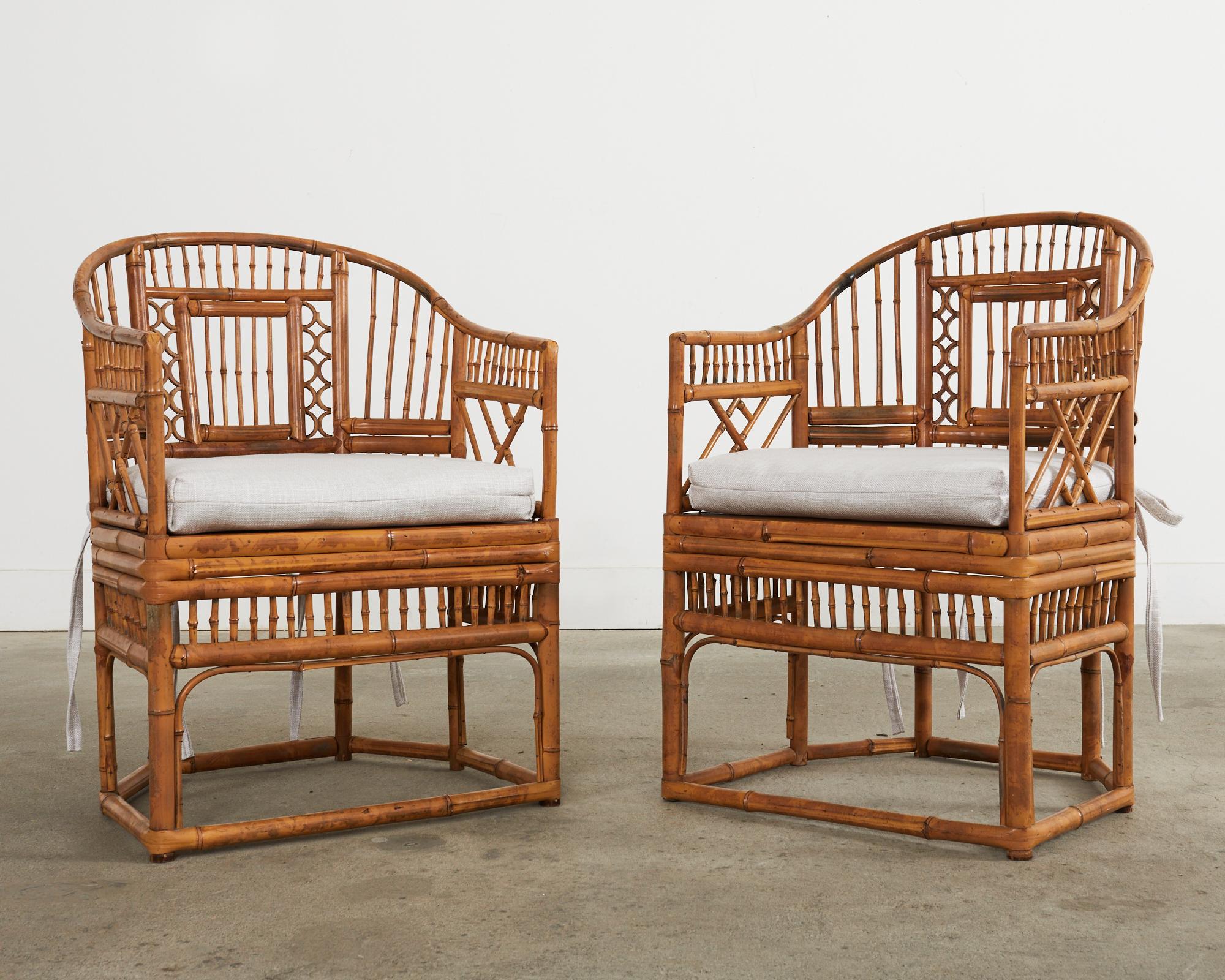 Pair of Brighton Pavilion Style Bamboo Cane Dining Armchairs In Distressed Condition For Sale In Rio Vista, CA