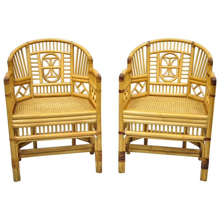 Pair of Vintage Brighton Pavilion Style Bamboo and Cane Rattan Arm