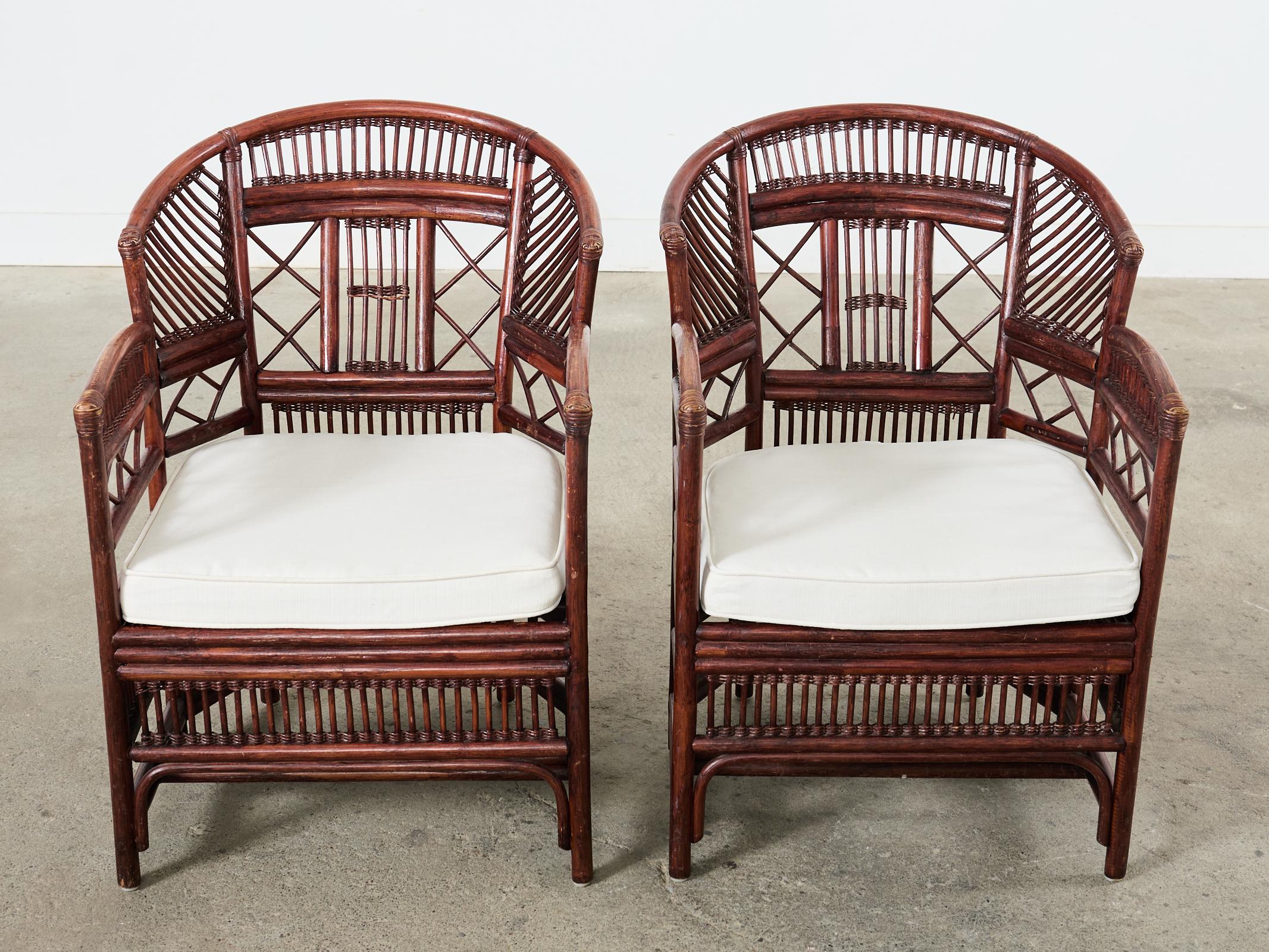 Fabric Pair of Brighton Pavilion Style Bamboo Dining Armchairs  For Sale