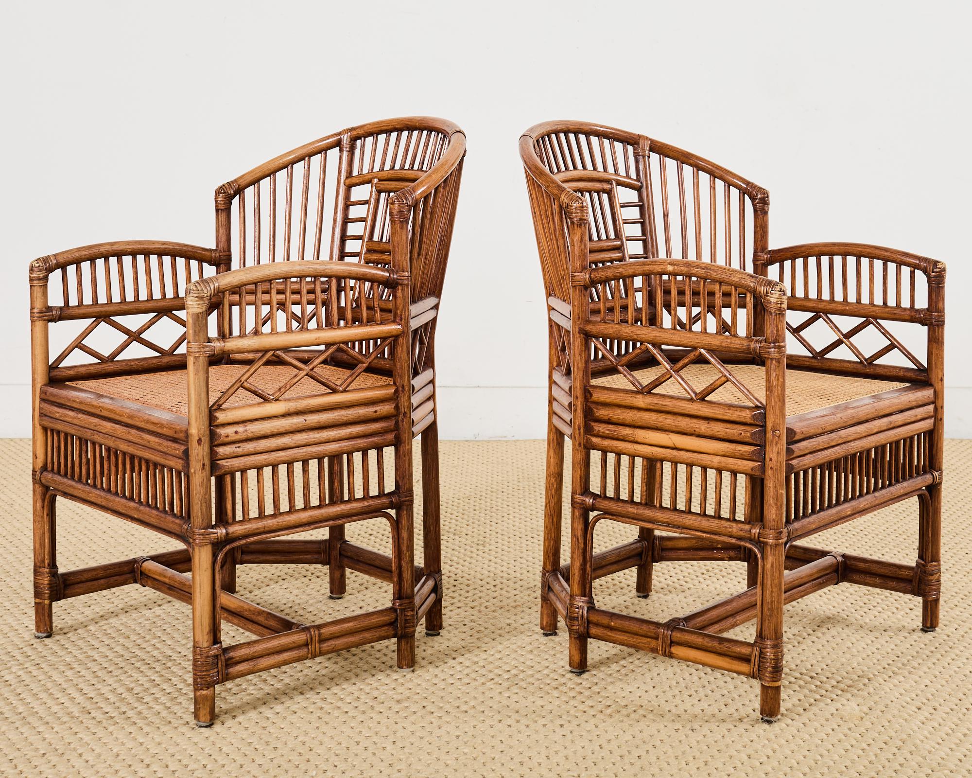Chinese Chippendale Pair of Brighton Pavilion Style Bamboo Rattan Dining Armchairs