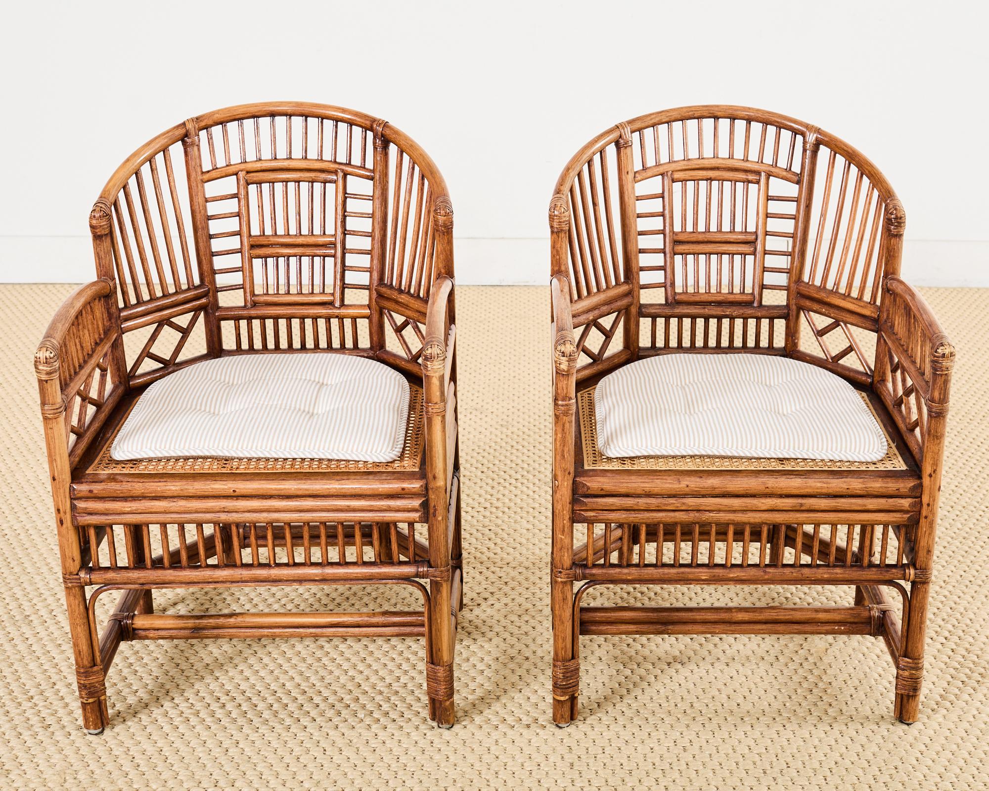 Asian Pair of Brighton Pavilion Style Bamboo Rattan Dining Armchairs