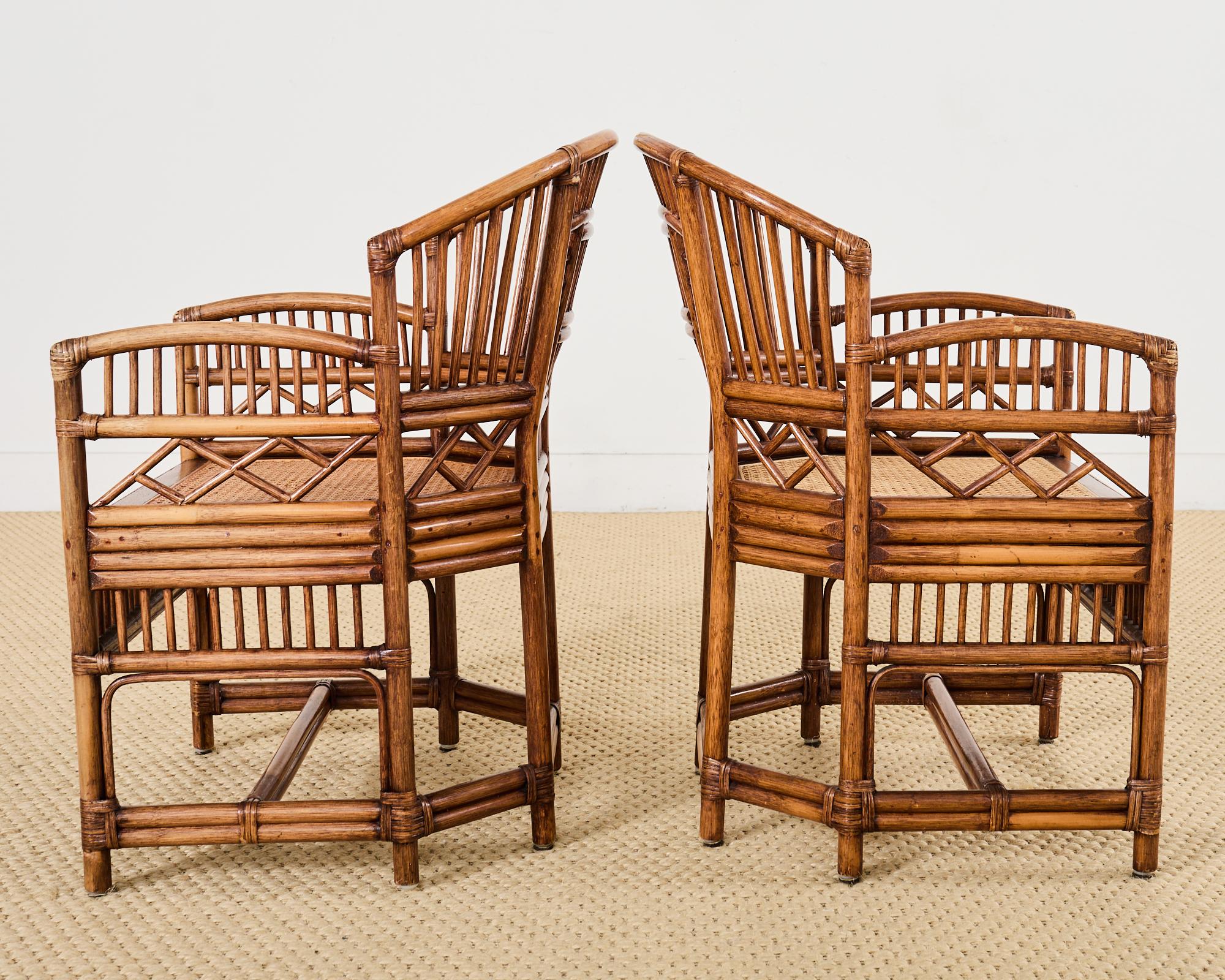 Pair of Brighton Pavilion Style Bamboo Rattan Dining Armchairs In Good Condition In Rio Vista, CA