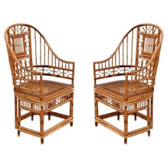 Pair of Brighton Pavilion Style Burnt Bamboo Cane High Back Armchairs