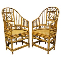 Pair of Brighton Pavillion Style Bamboo & Cane Chinese Chippendale Lounge Chairs