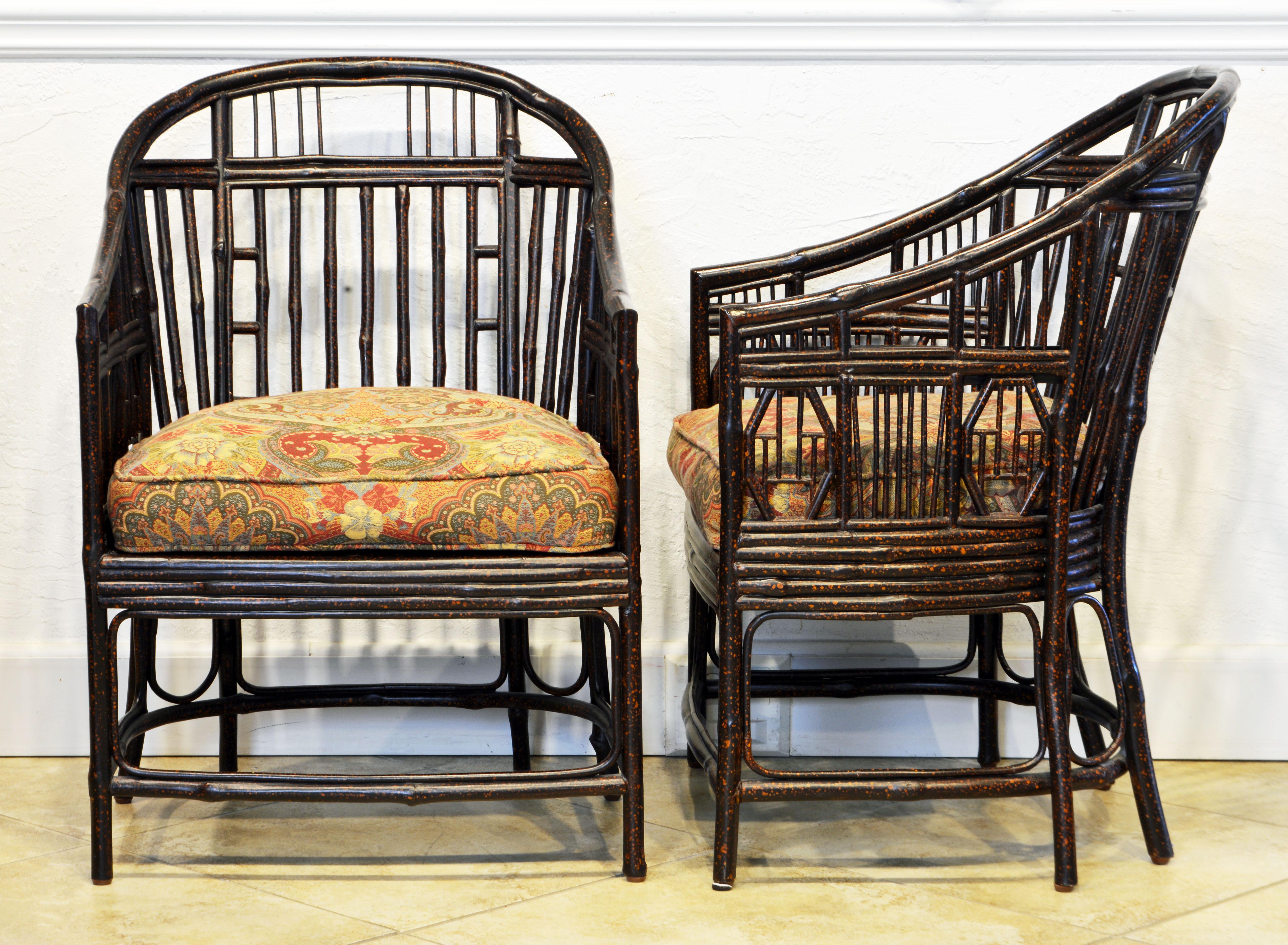 Asian Pair of Brighton Pavillion, Chinoiserie Lacquered Bamboo Chairs, 20th Century