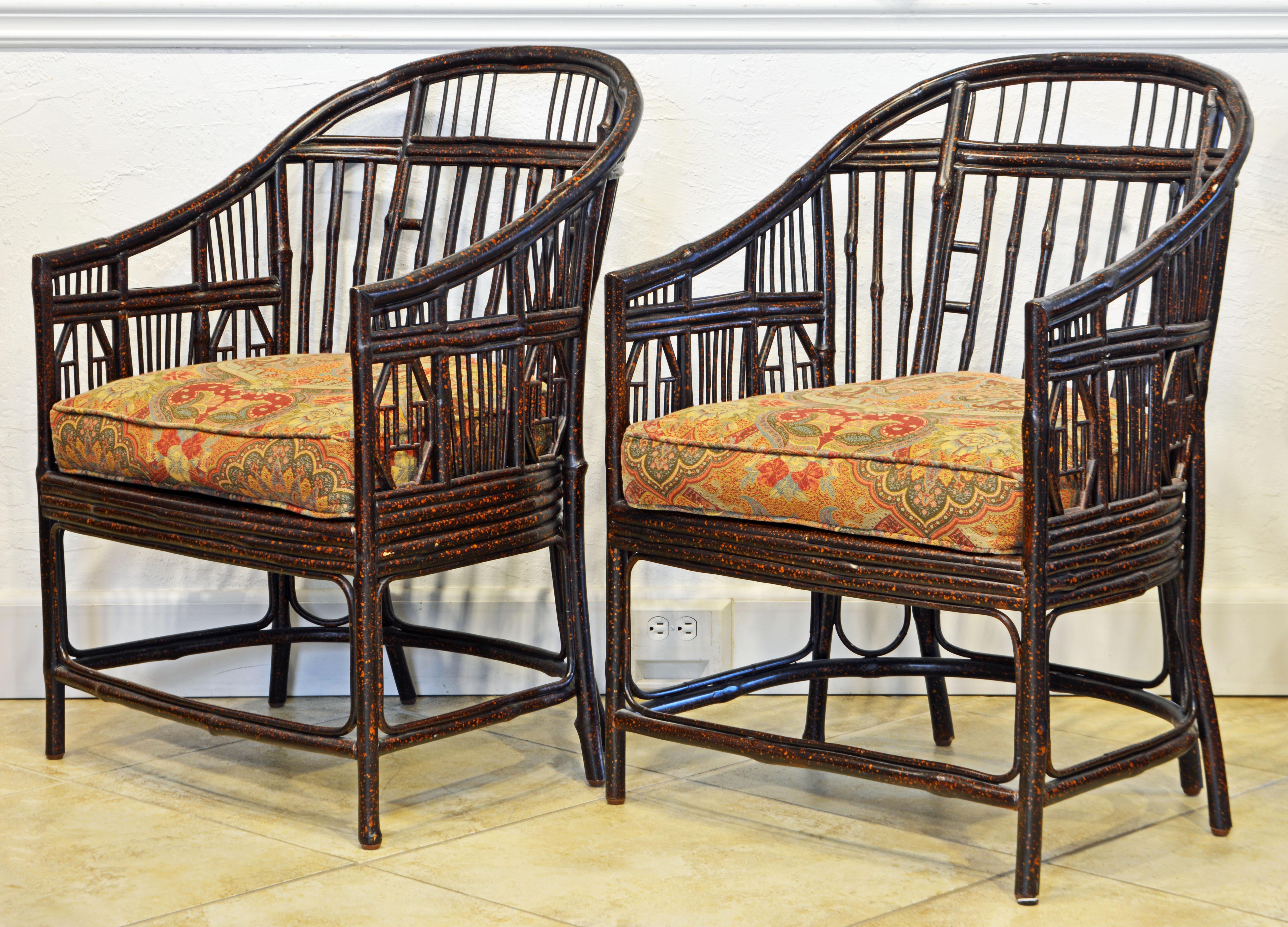 Fabric Pair of Brighton Pavillion, Chinoiserie Lacquered Bamboo Chairs, 20th Century