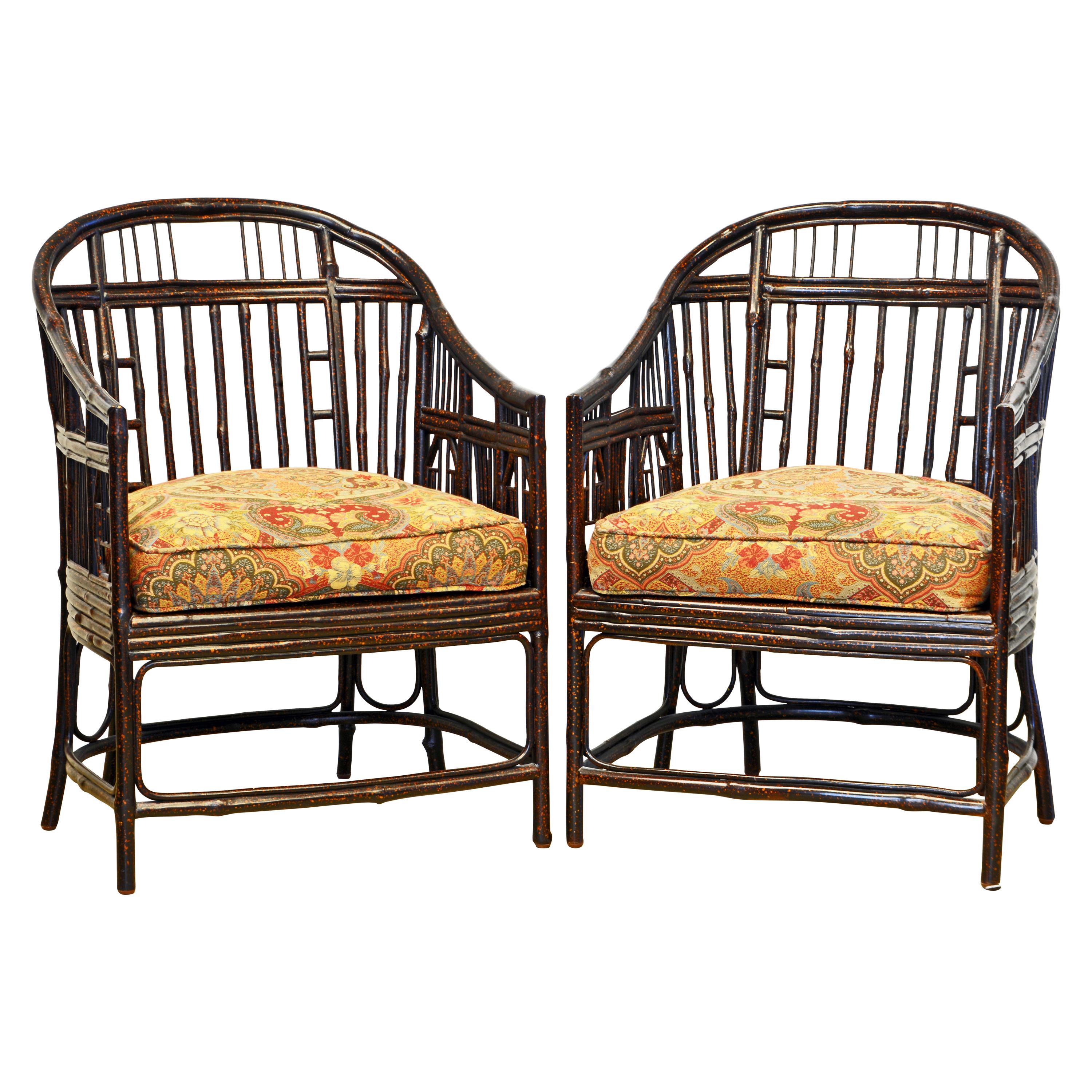 Pair of Brighton Pavillion, Chinoiserie Lacquered Bamboo Chairs, 20th Century