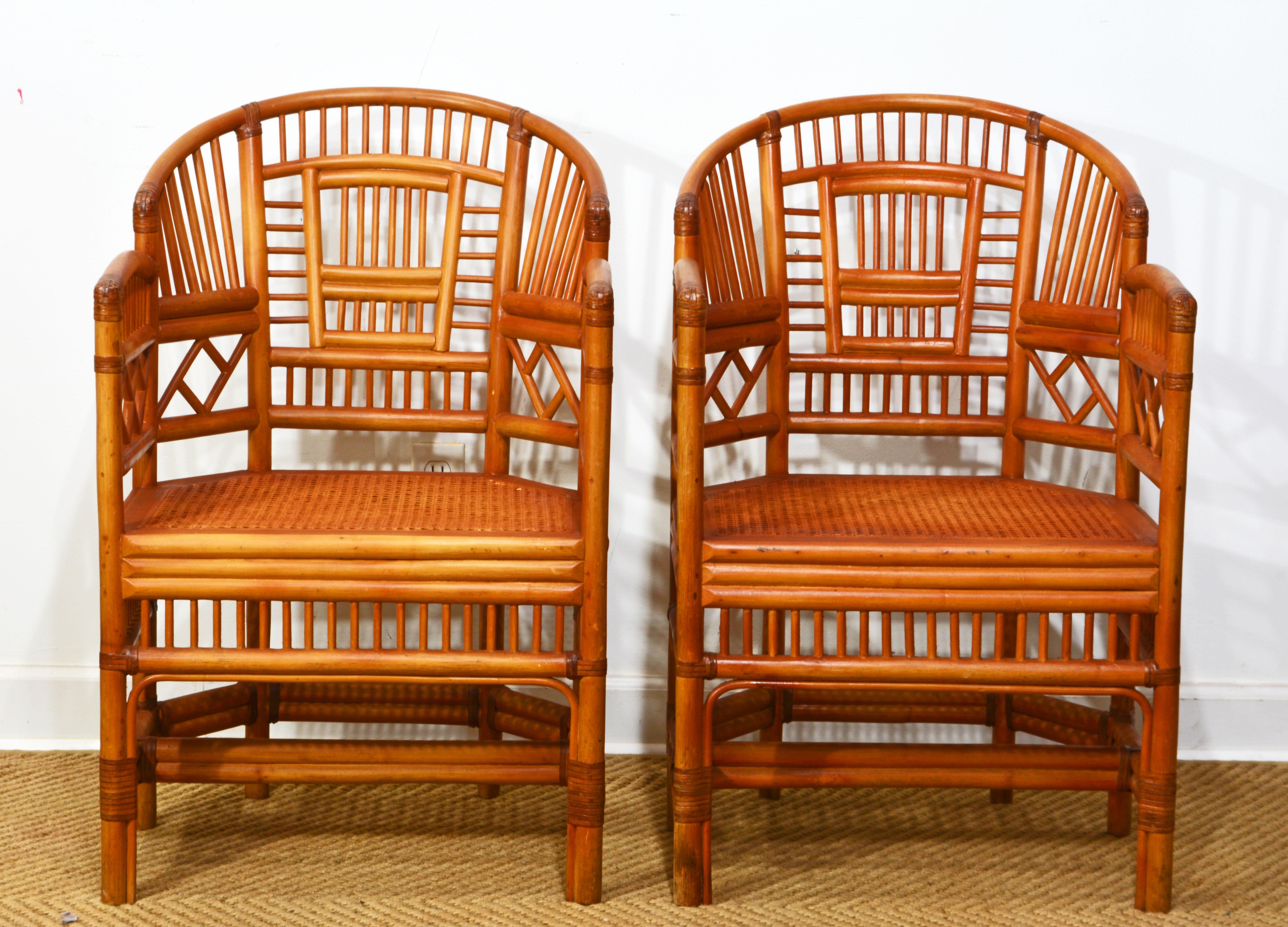 Philippine Pair of Brighton Pavillion Style Chinoiserie Rattan and Cane Armchairs For Sale
