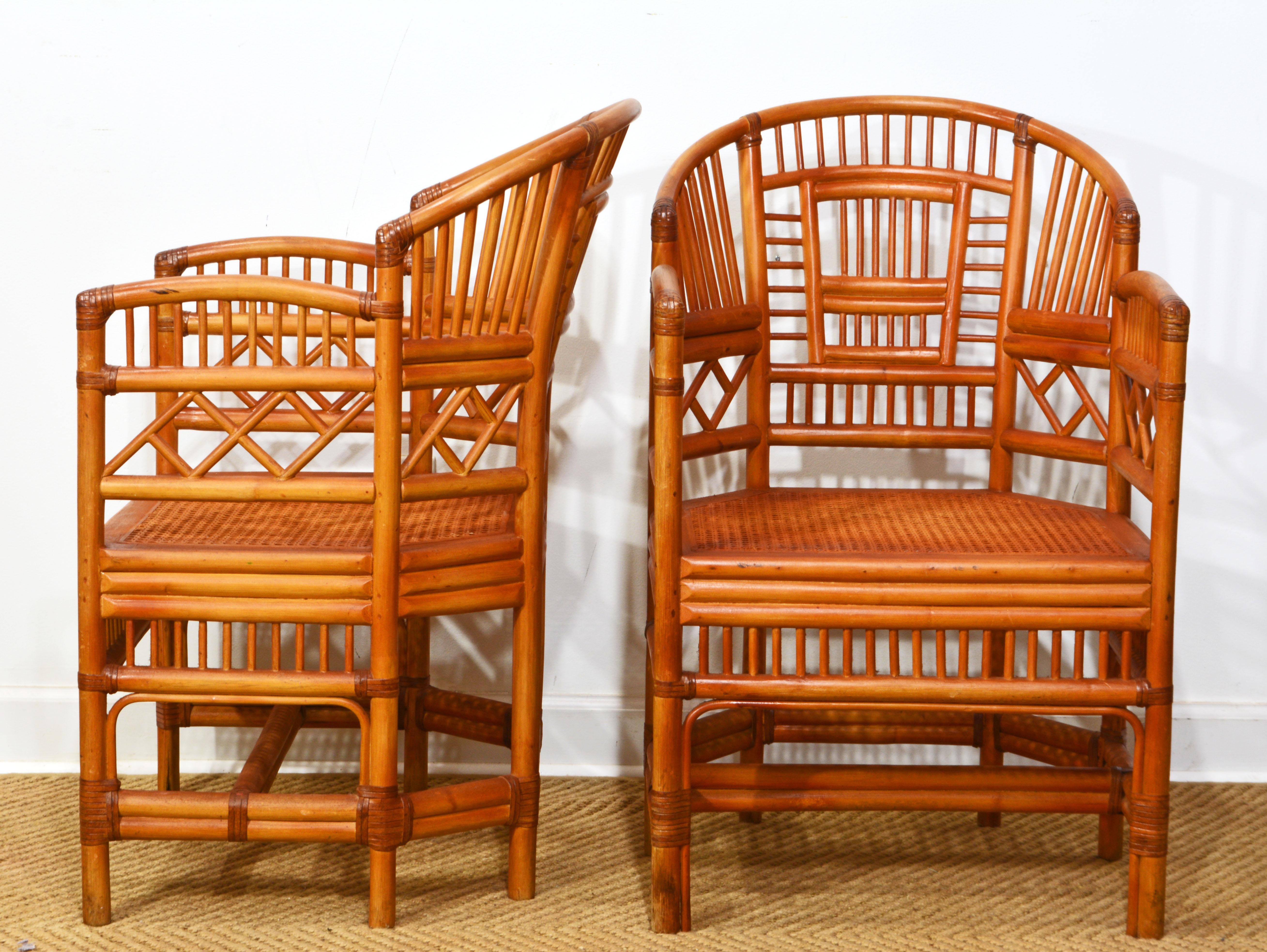 Pair of Brighton Pavillion Style Chinoiserie Rattan and Cane Armchairs In Good Condition For Sale In Ft. Lauderdale, FL