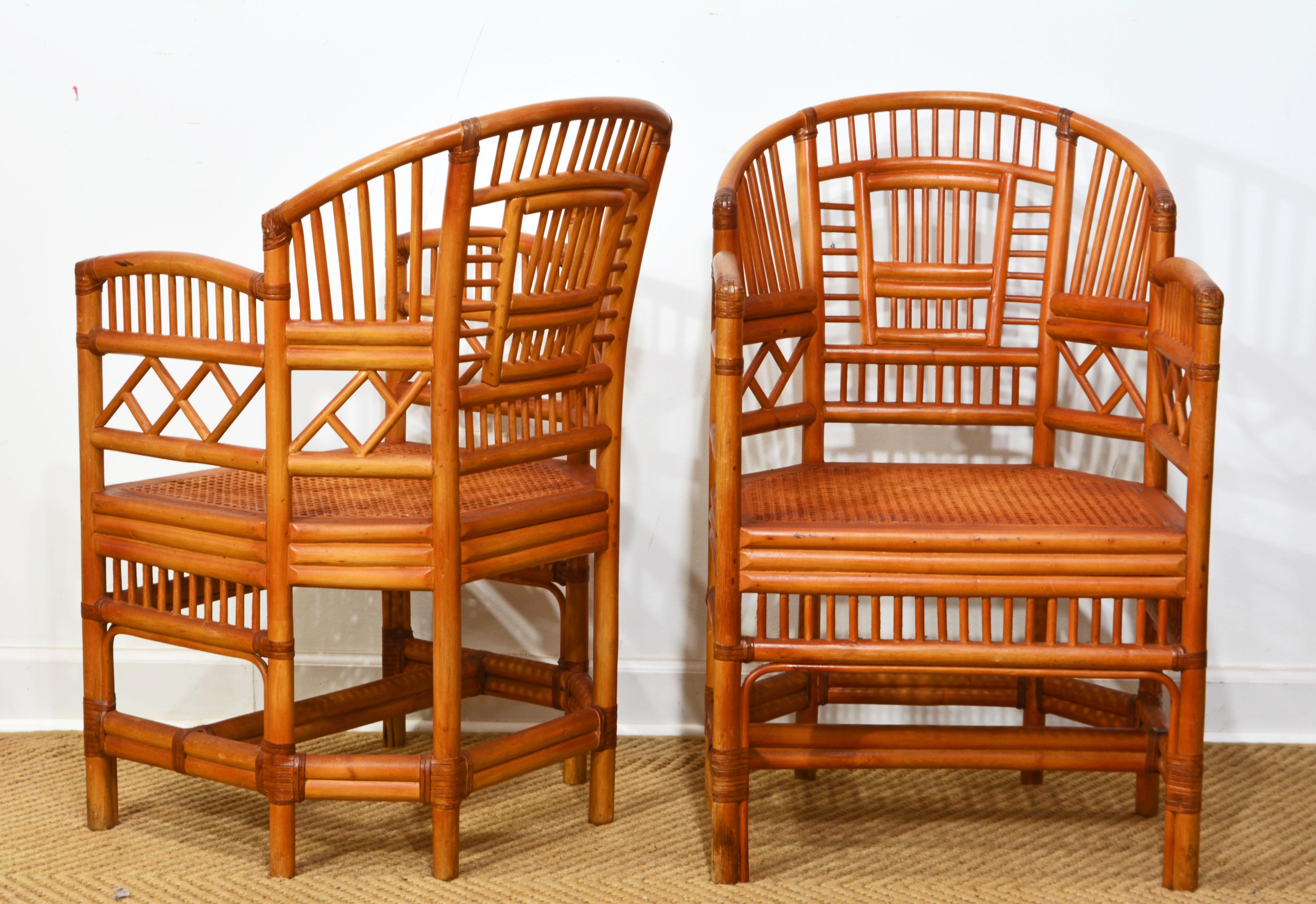 20th Century Pair of Brighton Pavillion Style Chinoiserie Rattan and Cane Armchairs For Sale