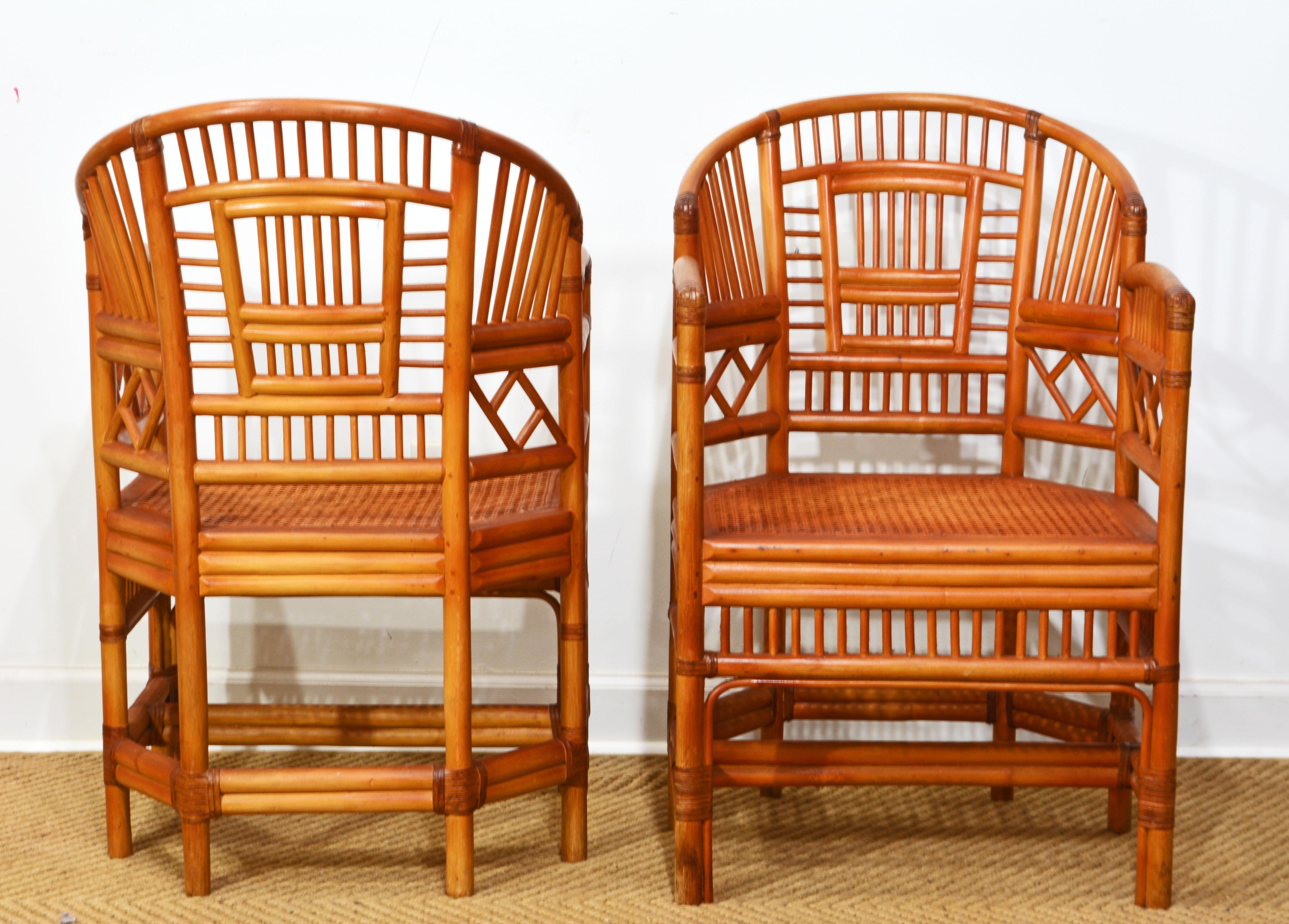 Textile Pair of Brighton Pavillion Style Chinoiserie Rattan and Cane Armchairs For Sale