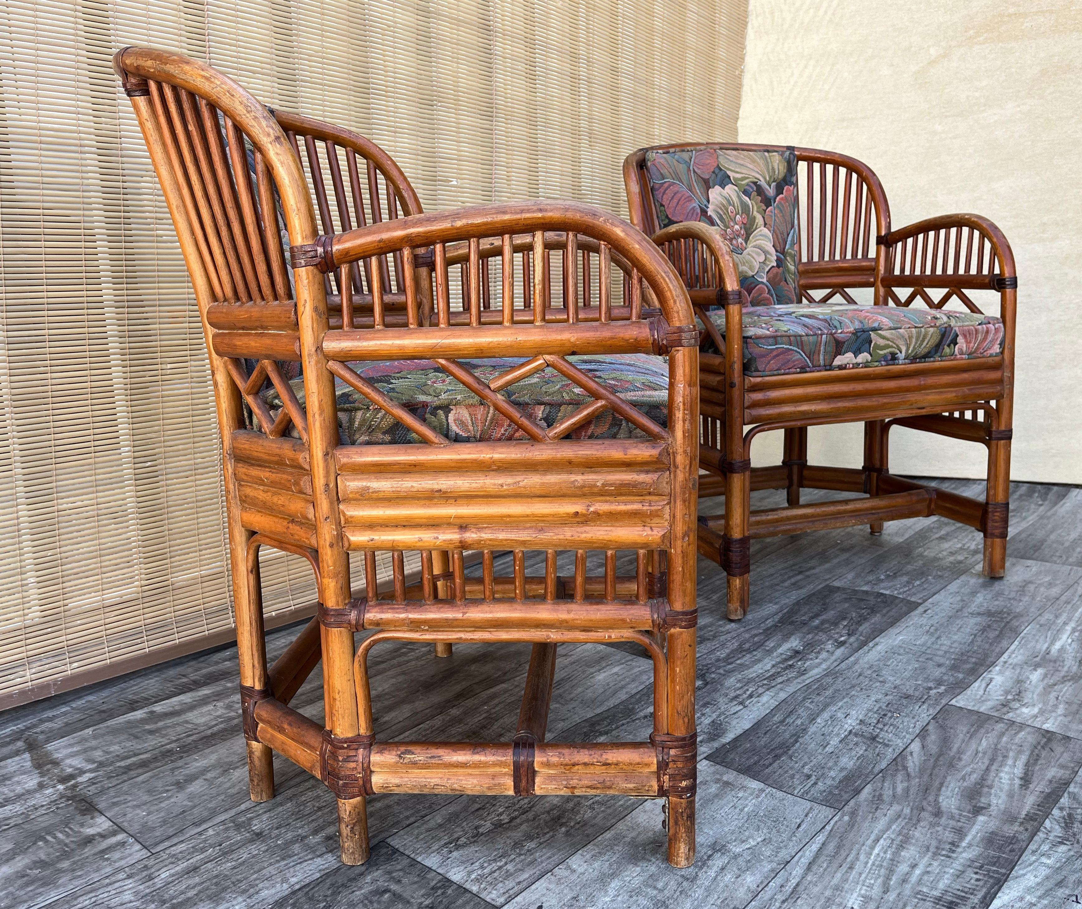 Pair of Brighton Pavillion Style Chinoiserie Rattan Armchairs. Circa 1960s In Good Condition For Sale In Miami, FL
