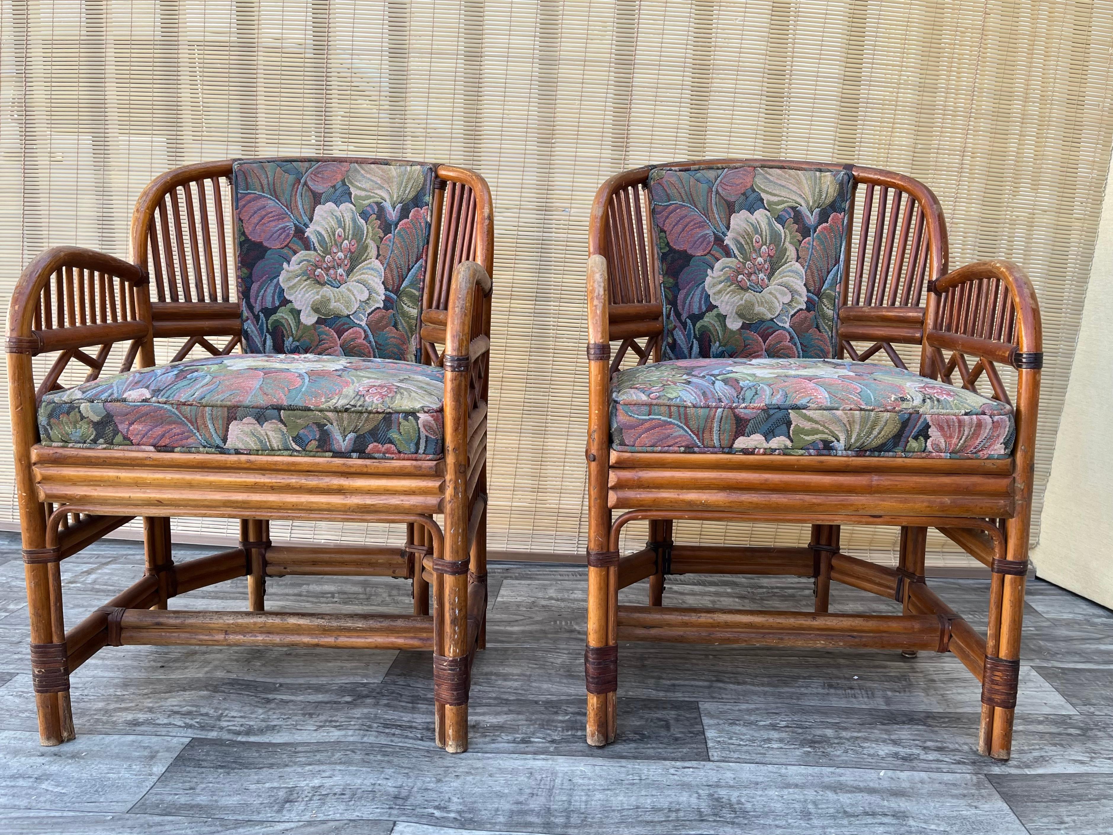 Upholstery Pair of Brighton Pavillion Style Chinoiserie Rattan Armchairs. Circa 1960s For Sale