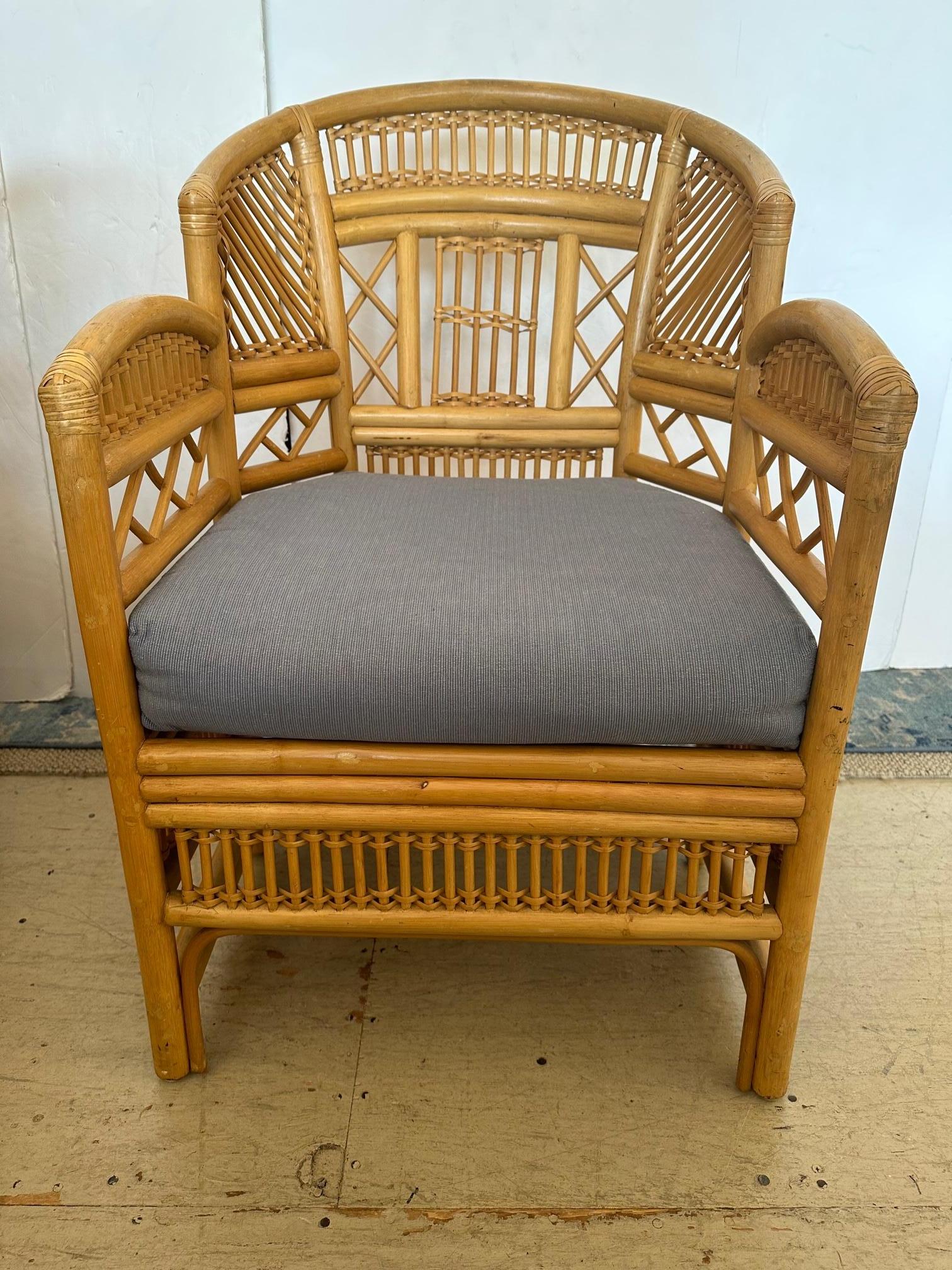Chinese Chippendale Pair of Brighton Pavillion Style Rattan Armchairs Club Chairs