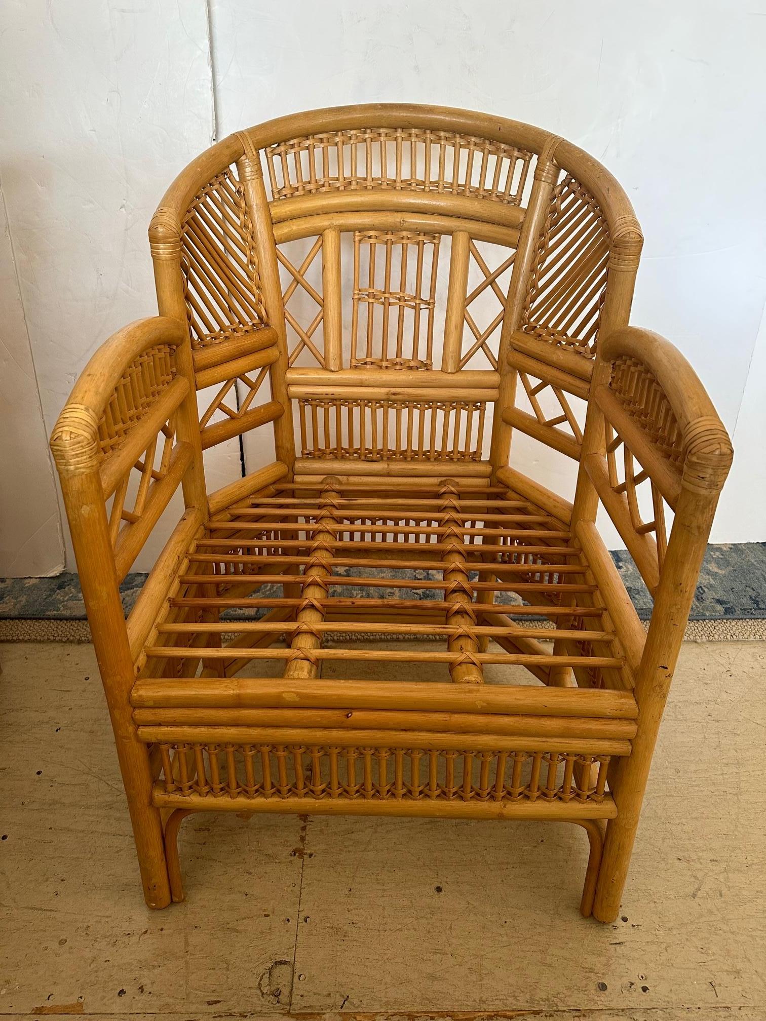 American Pair of Brighton Pavillion Style Rattan Armchairs Club Chairs