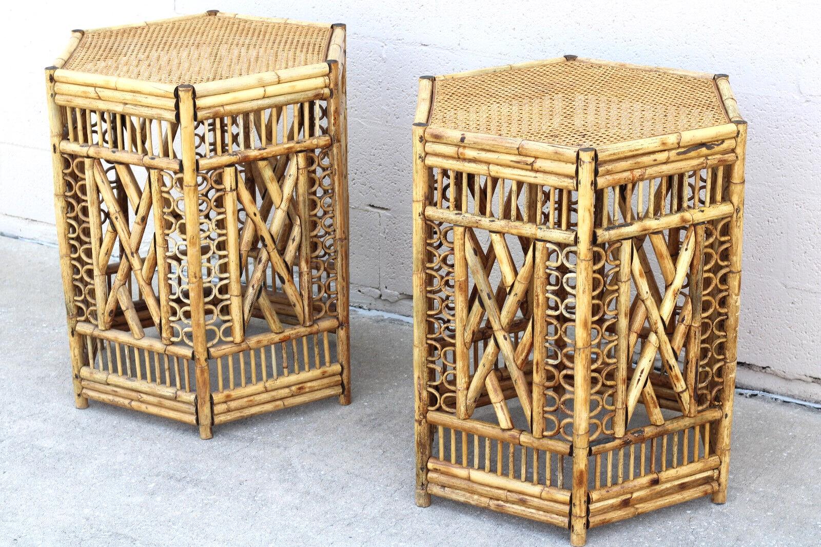 Philippin Paire de bases de tables de salle à manger hexagonales en bambou et canne de style Brighton en vente