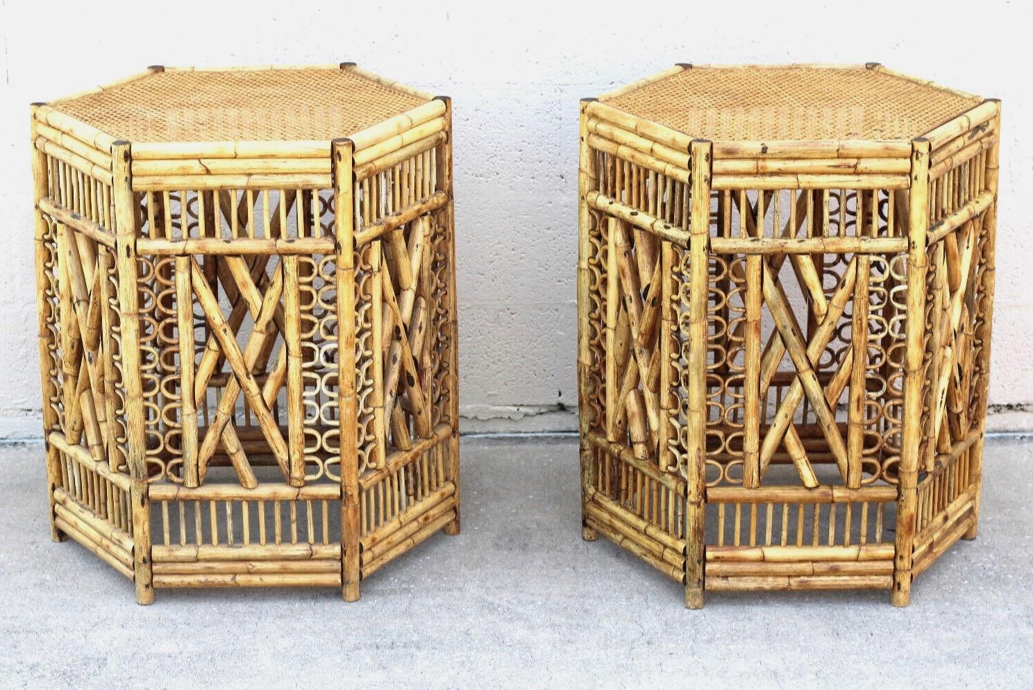 Hand-Crafted Pair of Brighton Style Bamboo and Cane Hexagonal Dining Table Bases For Sale