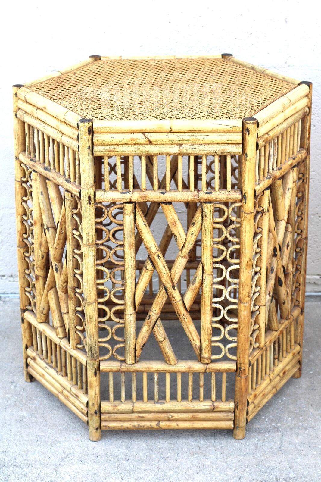 Pair of Brighton Style Bamboo and Cane Hexagonal Dining Table Bases In Good Condition For Sale In Vero Beach, FL