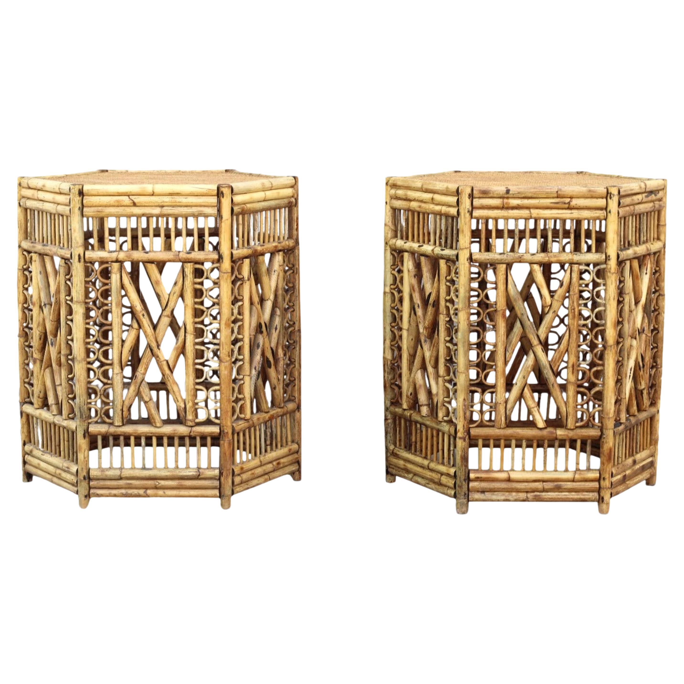 Pair of Brighton Style Bamboo and Cane Hexagonal Dining Table Bases For Sale