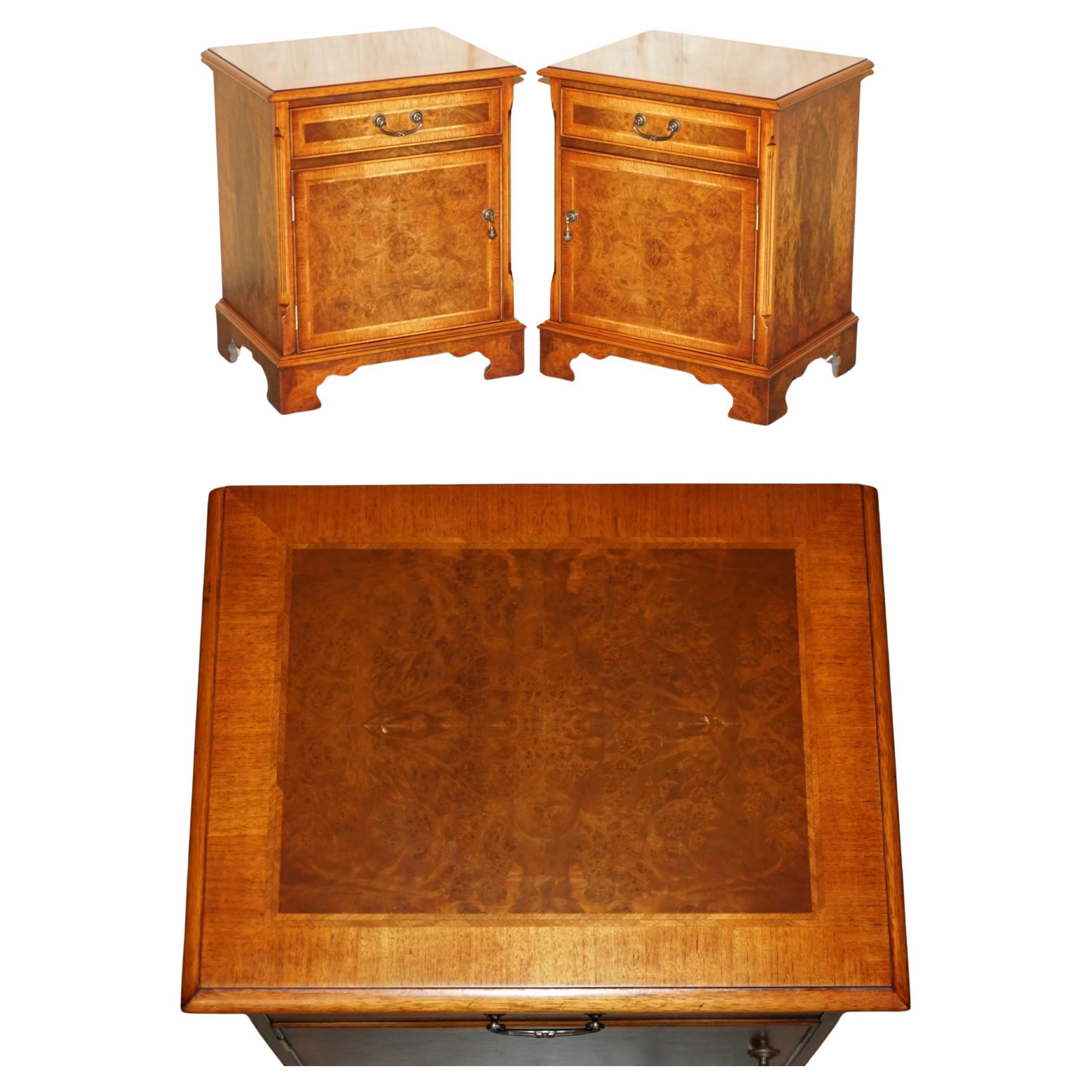 PAIR OF BRiGHTS OF NETTLEBED BURR WALNUT SIDE TABLE SIZED NIGHTSTANDS CUPBOARDS